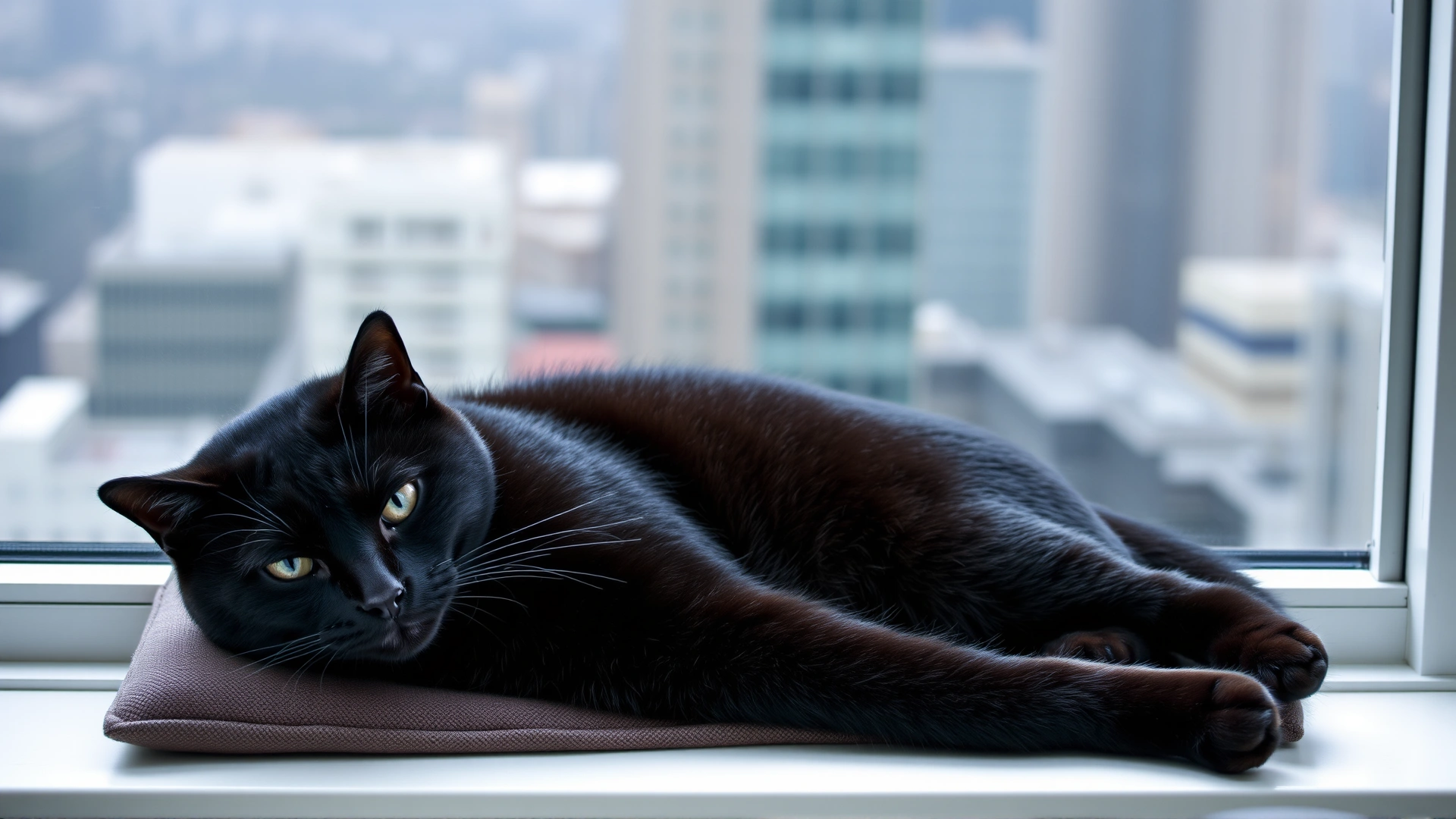 A sleek black cat lounging comfortably on a cushioned window perch, cityscape blurred in the background.