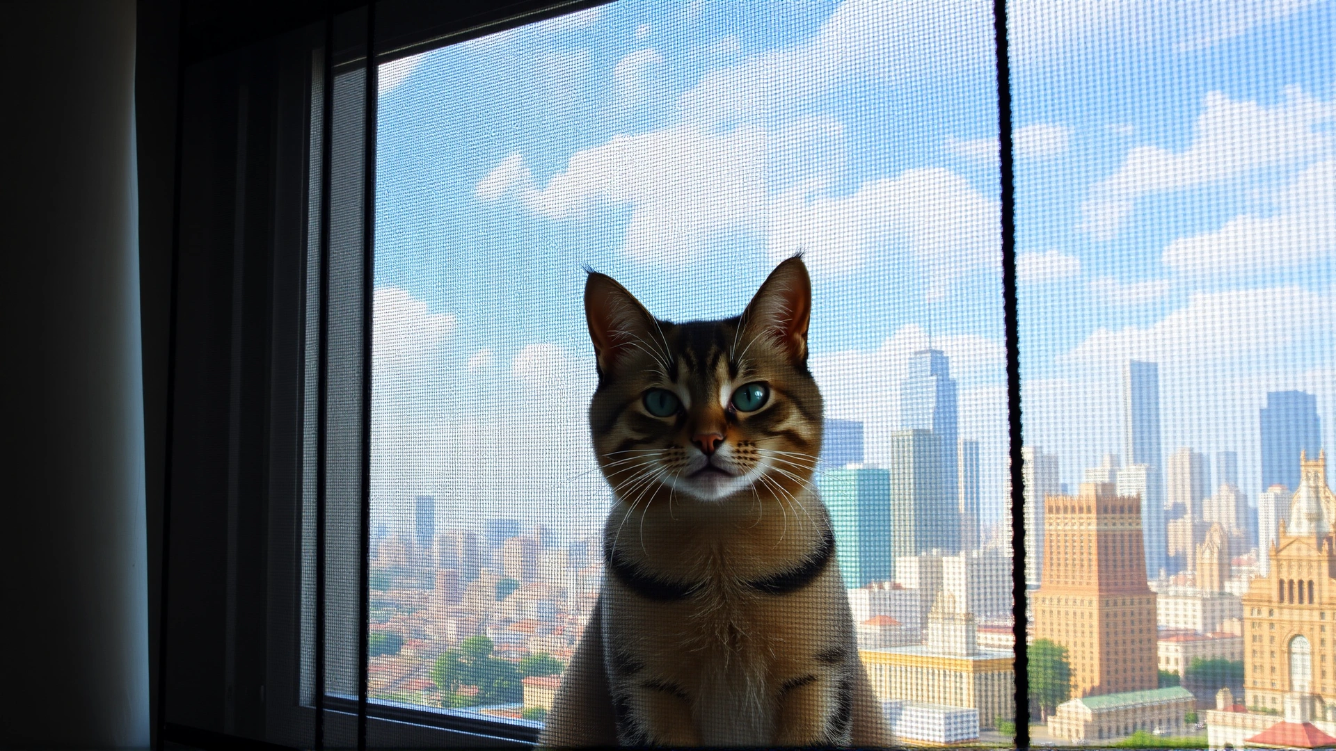 Indoor cat sitting safely behind a sturdy window screen overlooking a city skyline.