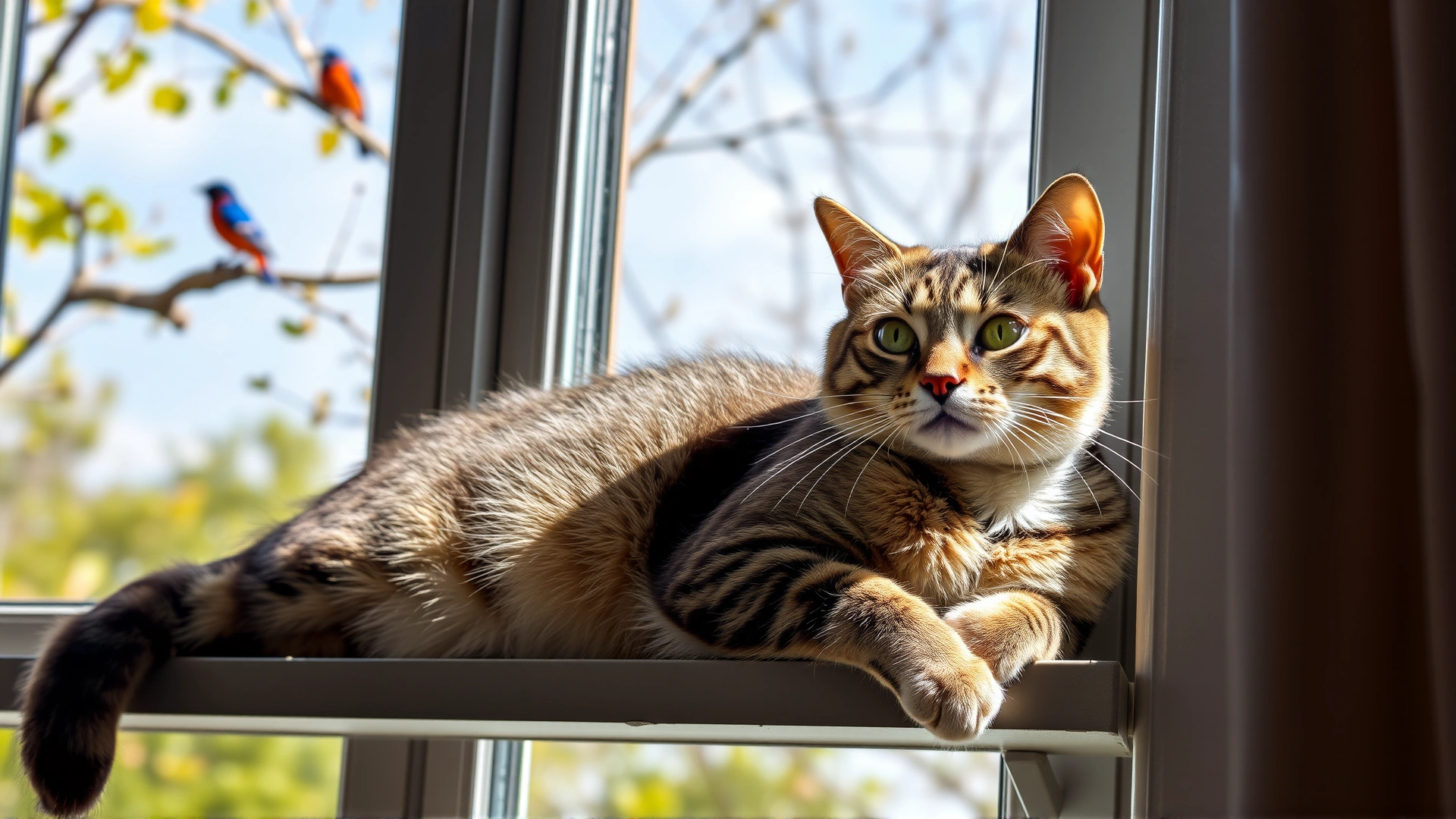 Cat lounging on a window perch watching birds outside on a sunny day