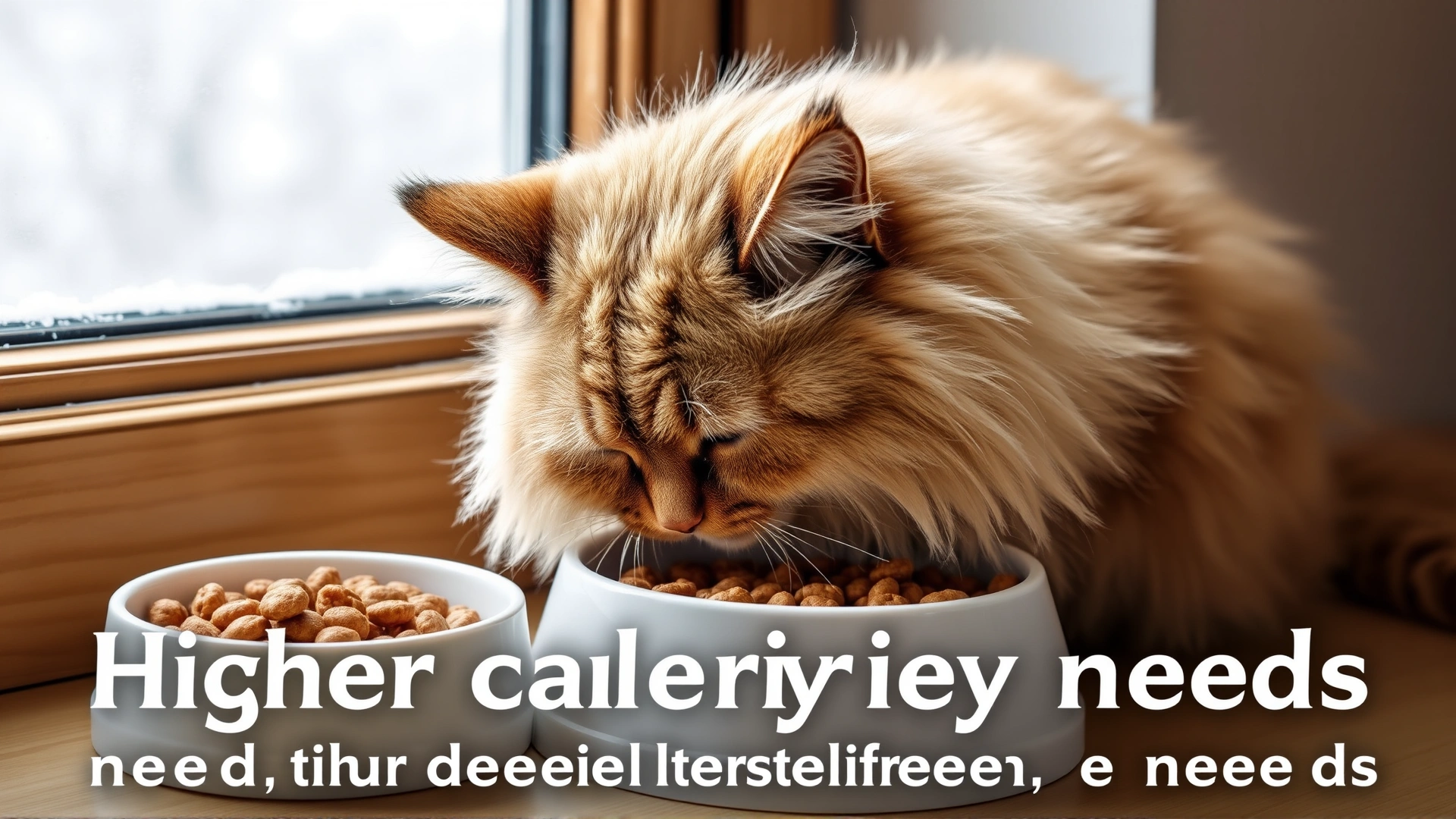 Fluffy long-haired cat eating from an extra-filled bowl next to a window with visible snow outside, symbolizing higher calorie needs in cold weather.