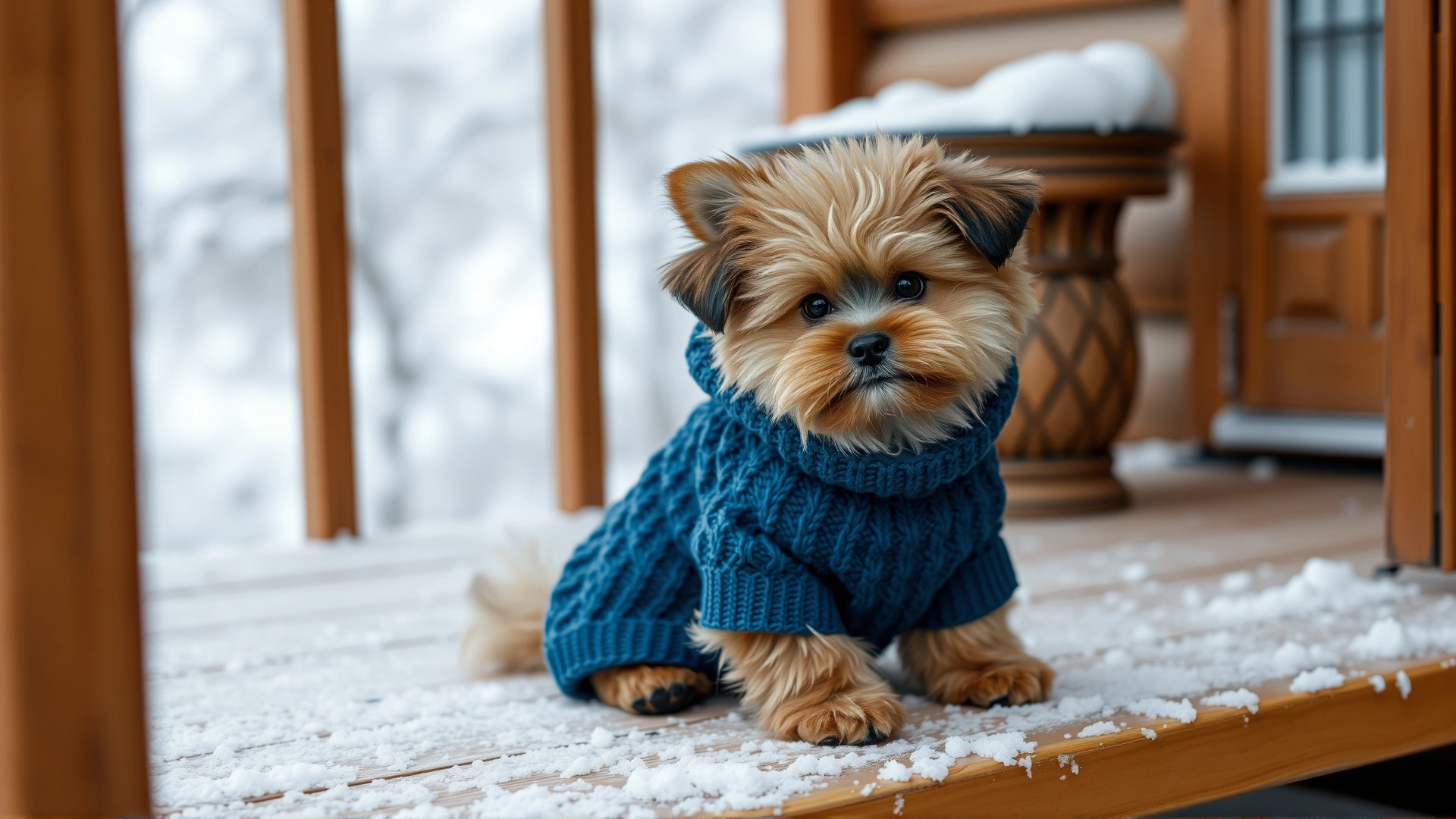 Small fluffy dog wearing a blue knitted sweater sitting on a snowy wooden porch