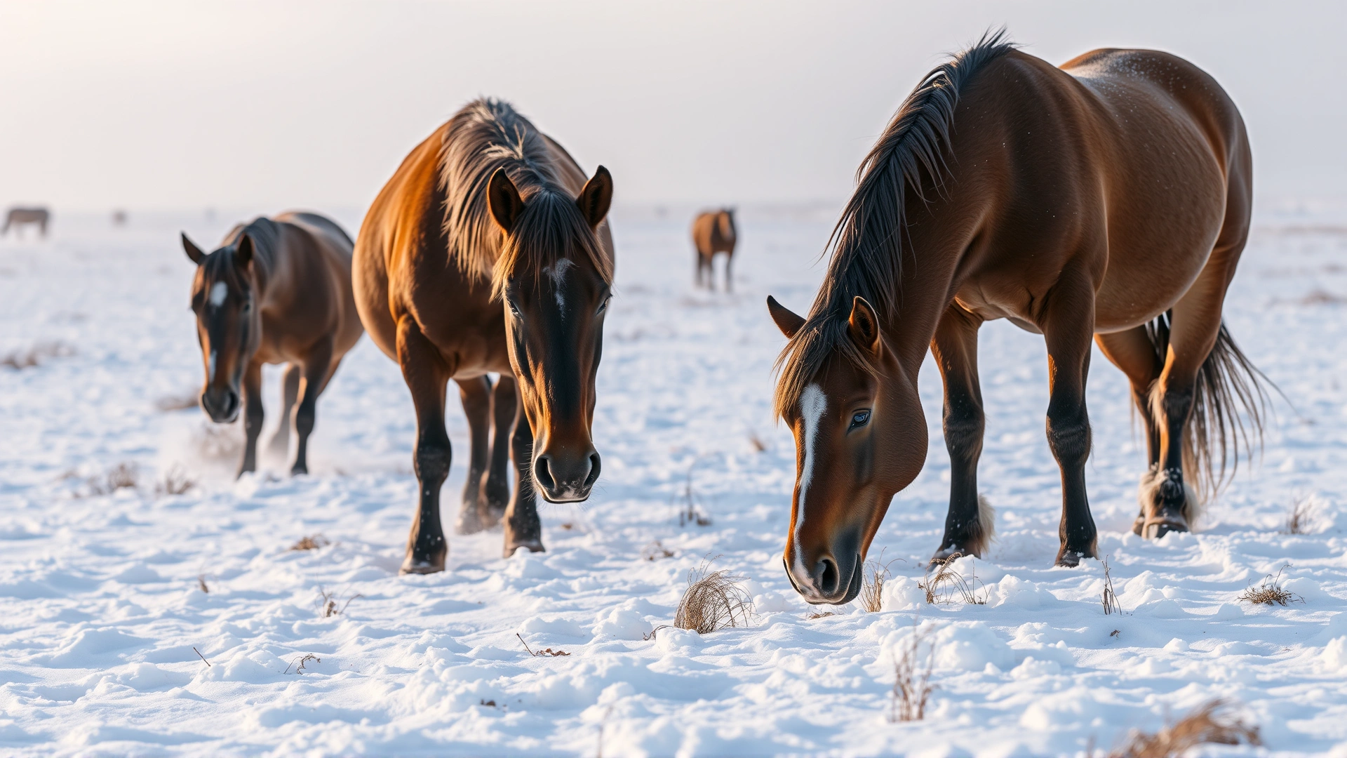 Several Kazakh horses digging through snow to find grazing on a frigid winter morning with frosted breath visible