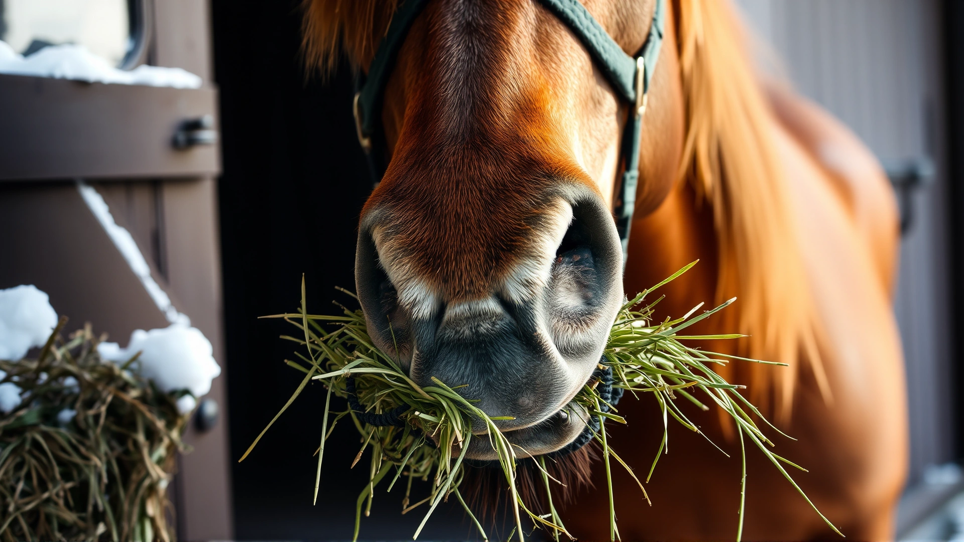 Close-up of a horse eating high-quality hay from a slow-feeder net, visible snow outside the barn door, highlighting winter nutrition.