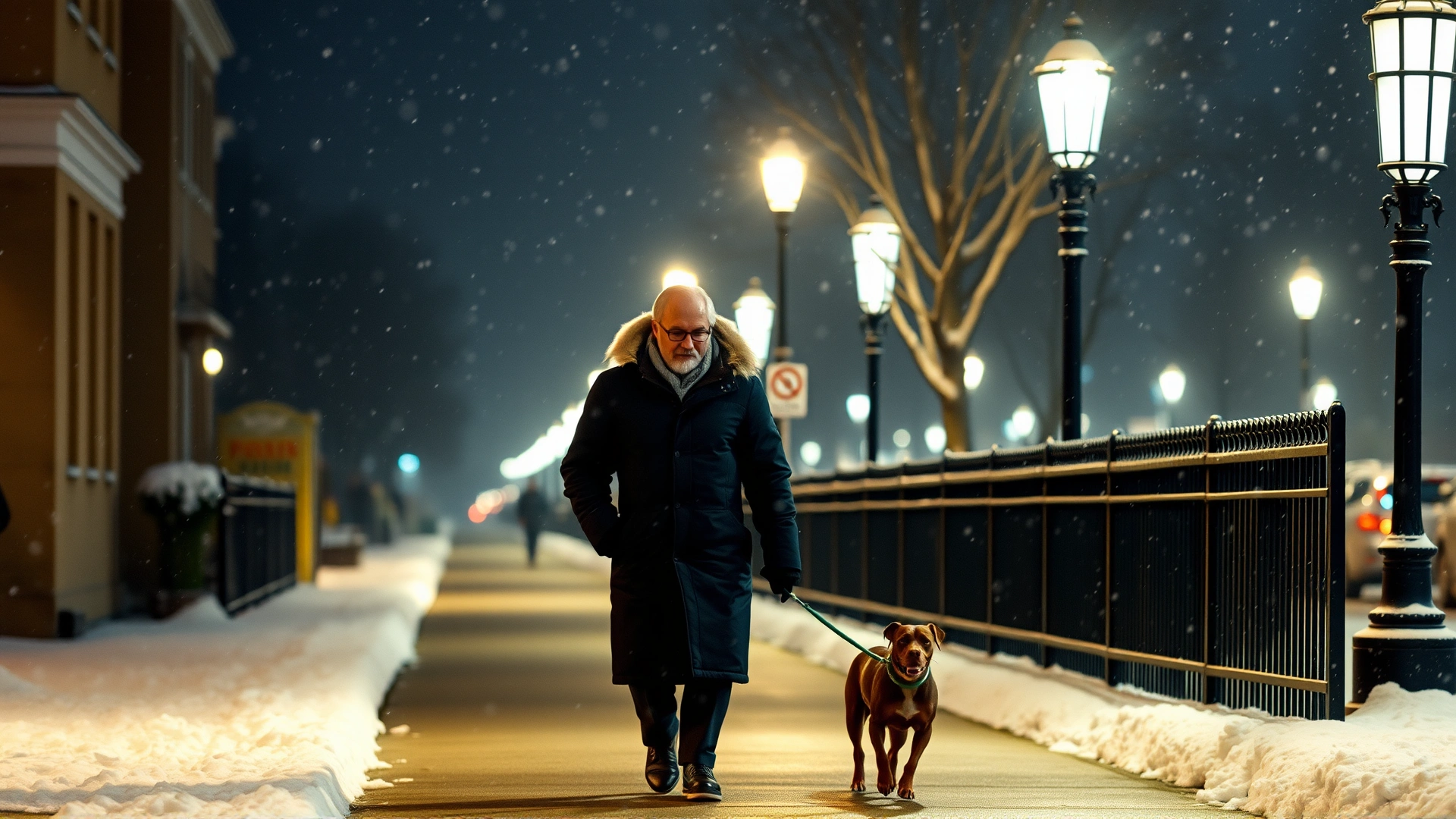 Owner in a winter coat walking a small dog on a snowy sidewalk under streetlights at night