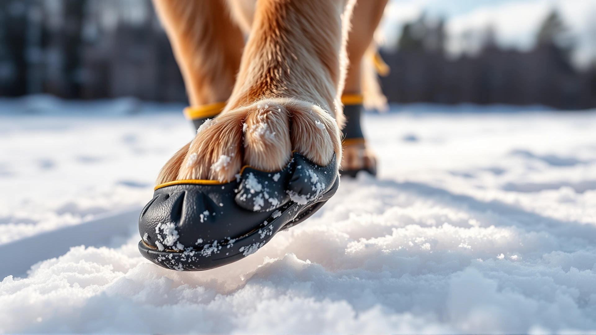 Close-up of a dog's paw wearing a rubber bootie stepping on fresh snow; highlights paw protection in winter