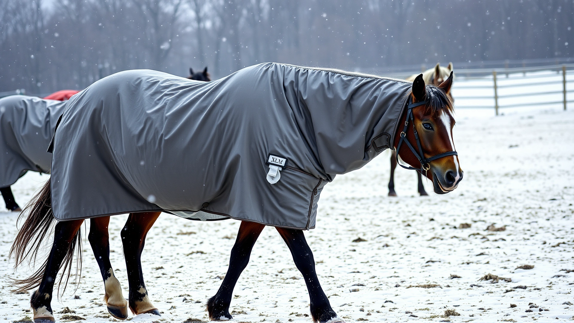 Horse wearing a thick winter turnout blanket walking through a snowy paddock with light snowfall and other blanketed horses in background, no text