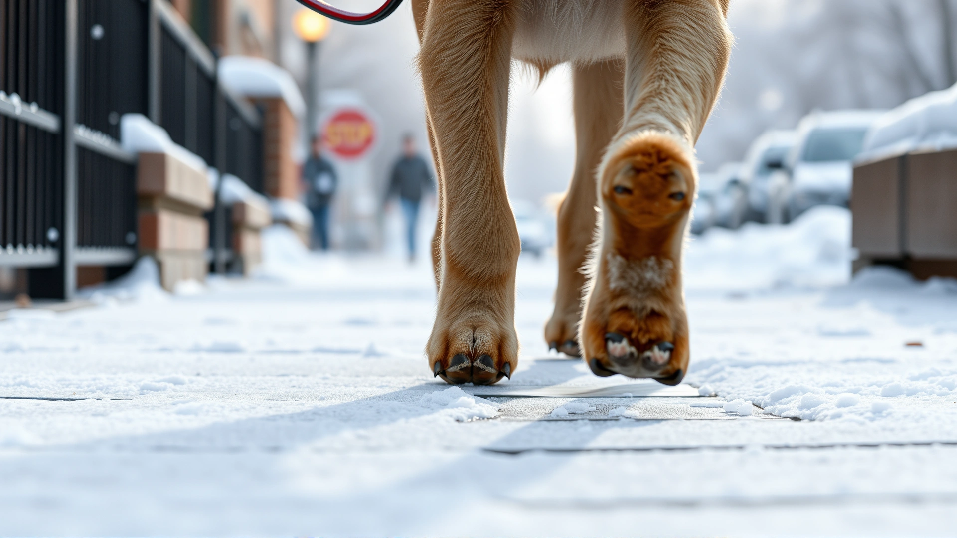 Dog walking on a snowy sidewalk with leash; focus on legs and paws encountering snow and ice