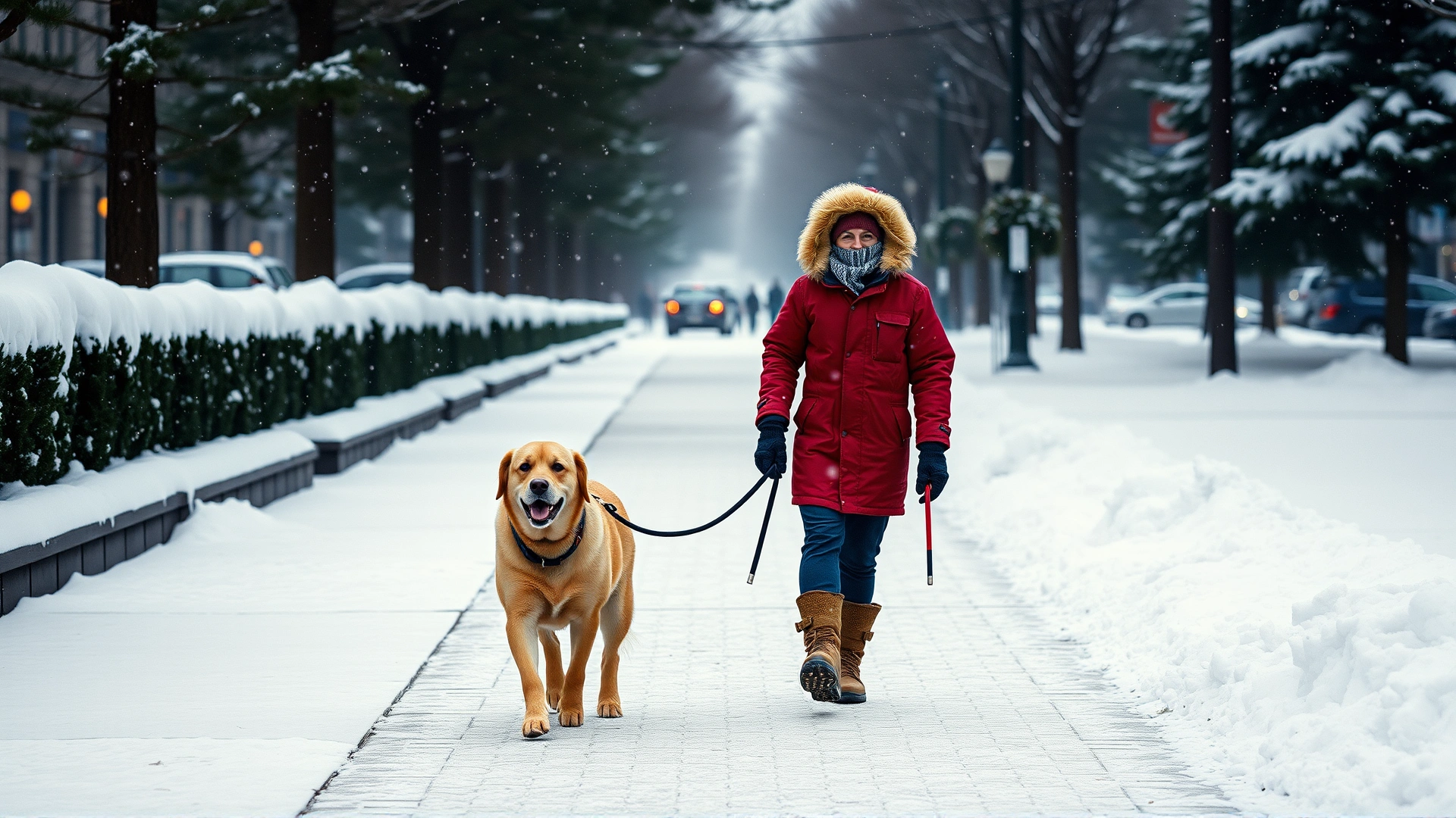 Owner in winter gear walking a cold-weather dog on a snow-covered city sidewalk lined with fir trees.