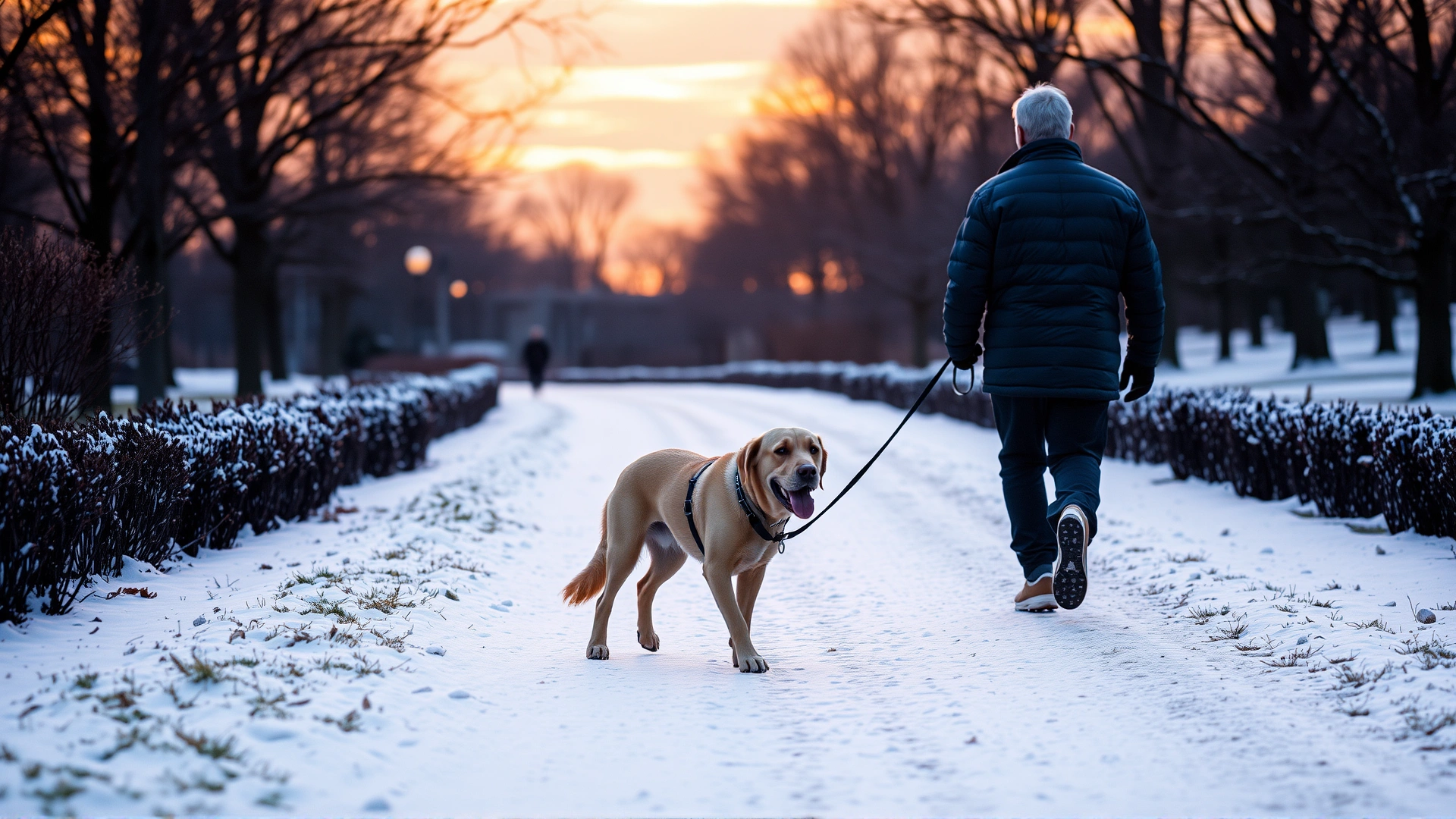 Owner walking an elderly Labrador on a leash through a snow-covered park path during sunset