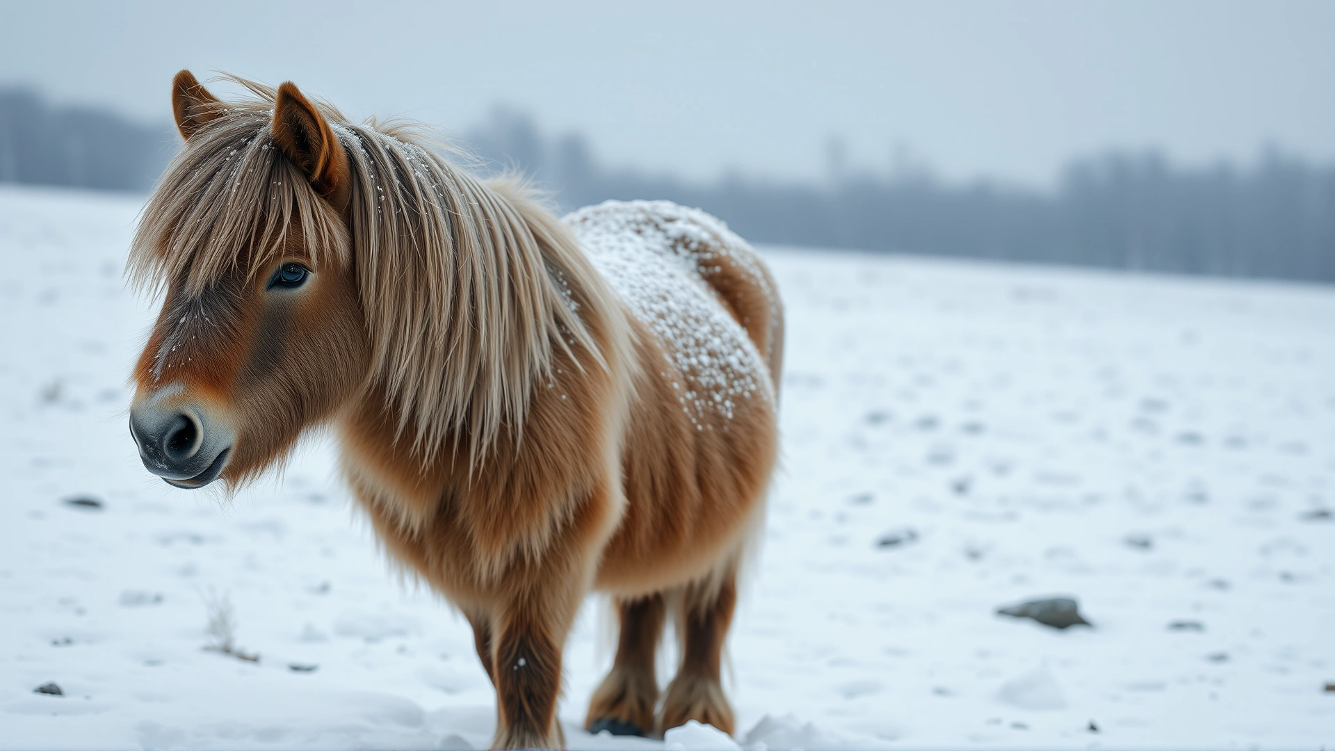 Shetland pony with a thick winter coat standing in a snowy field, snowflakes visible on its mane