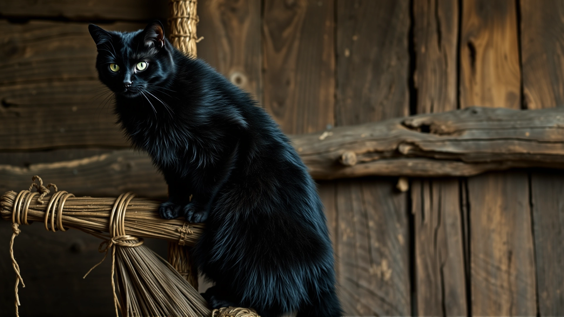 Artistic photo of a black cat perched on an old wooden broom against a rustic backdrop, hinting at medieval witchcraft myths.