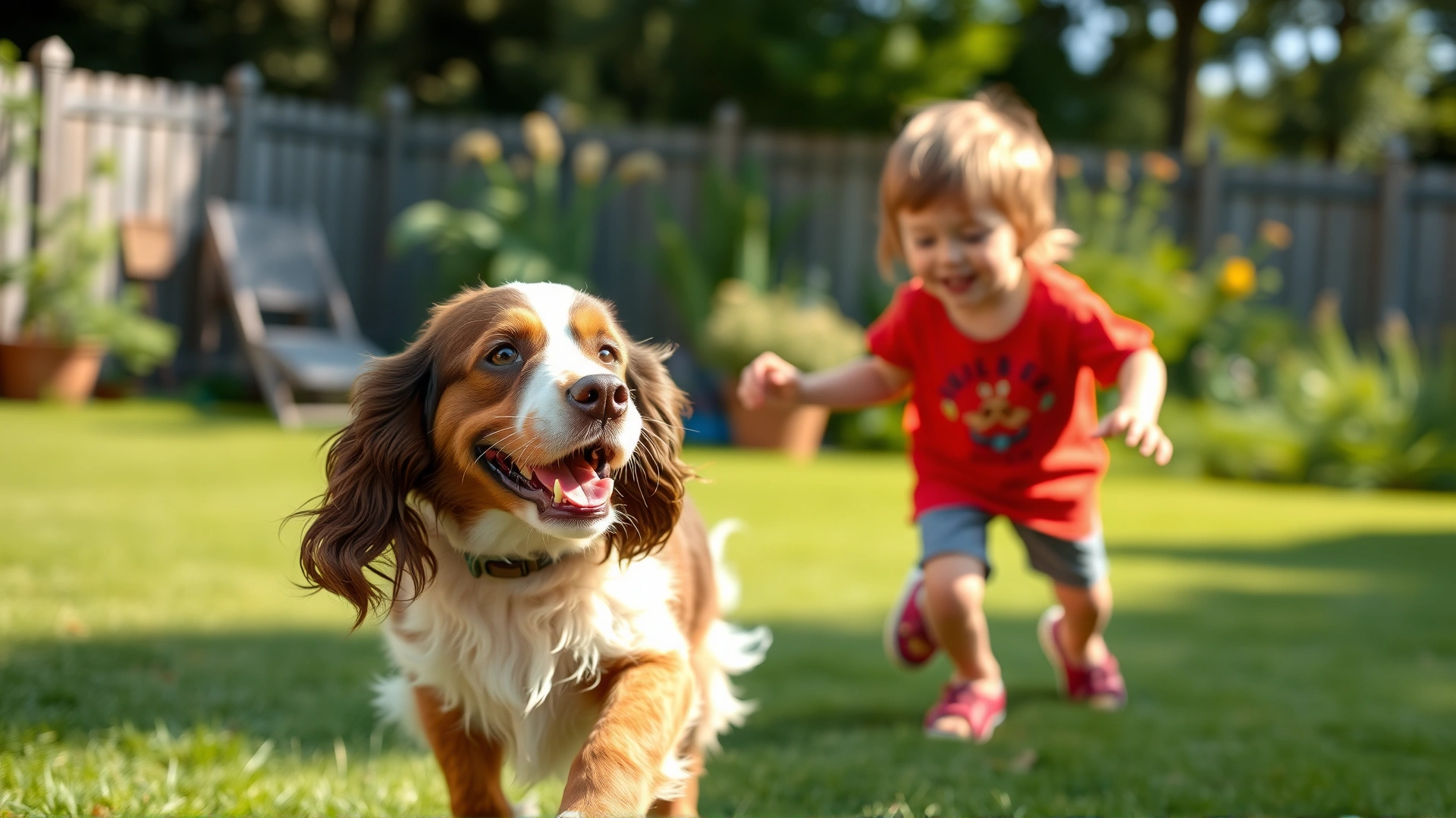 Outdoor scene of a cheerful Field Spaniel playing fetch with two young children in a sunny backyard.