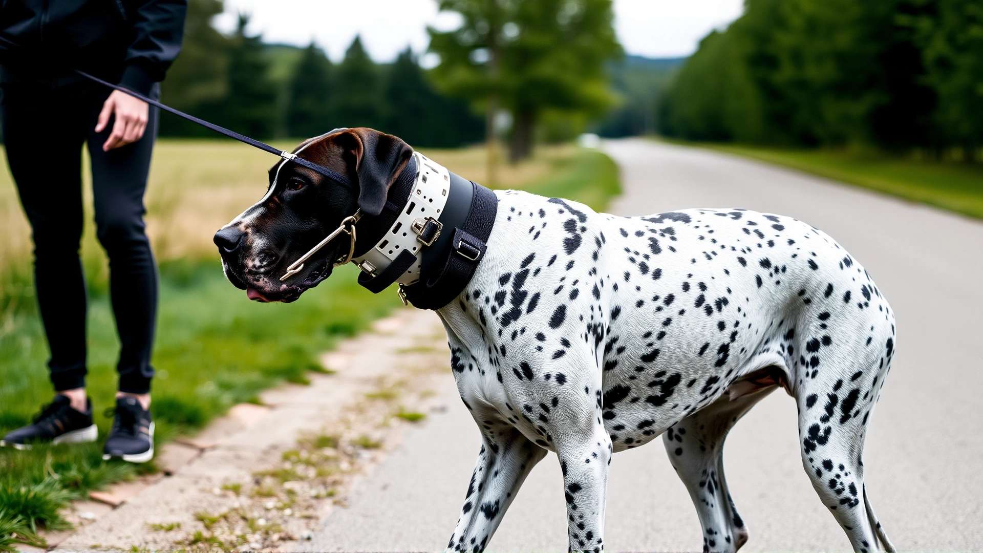 Great Dane wearing a supportive neck brace walking beside its owner on a quiet path, no text.