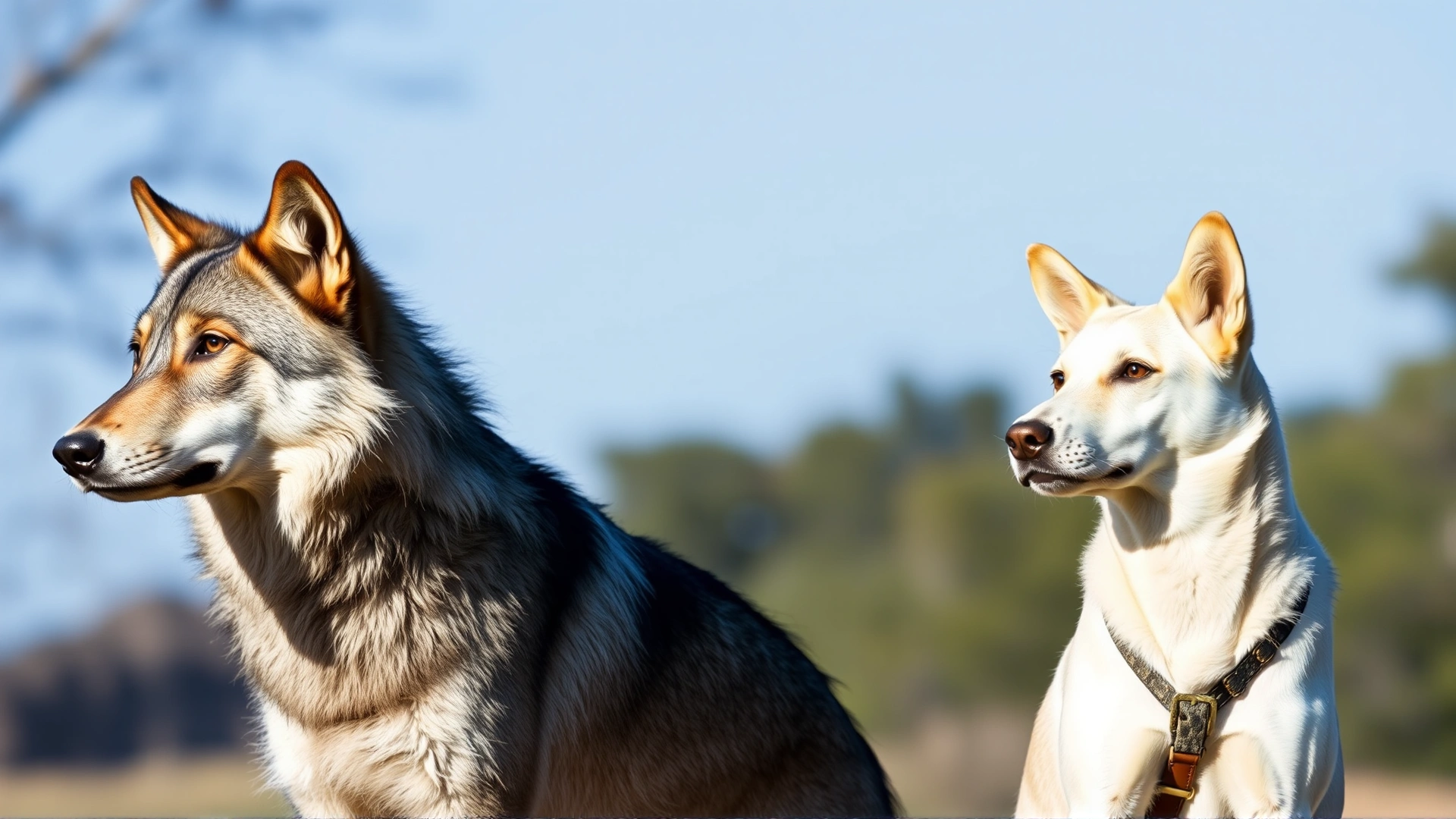 Side-by-side outdoor portrait of a gray wolf and a domestic dog, both facing left in neutral stance; clear daylight, natural background, no text.