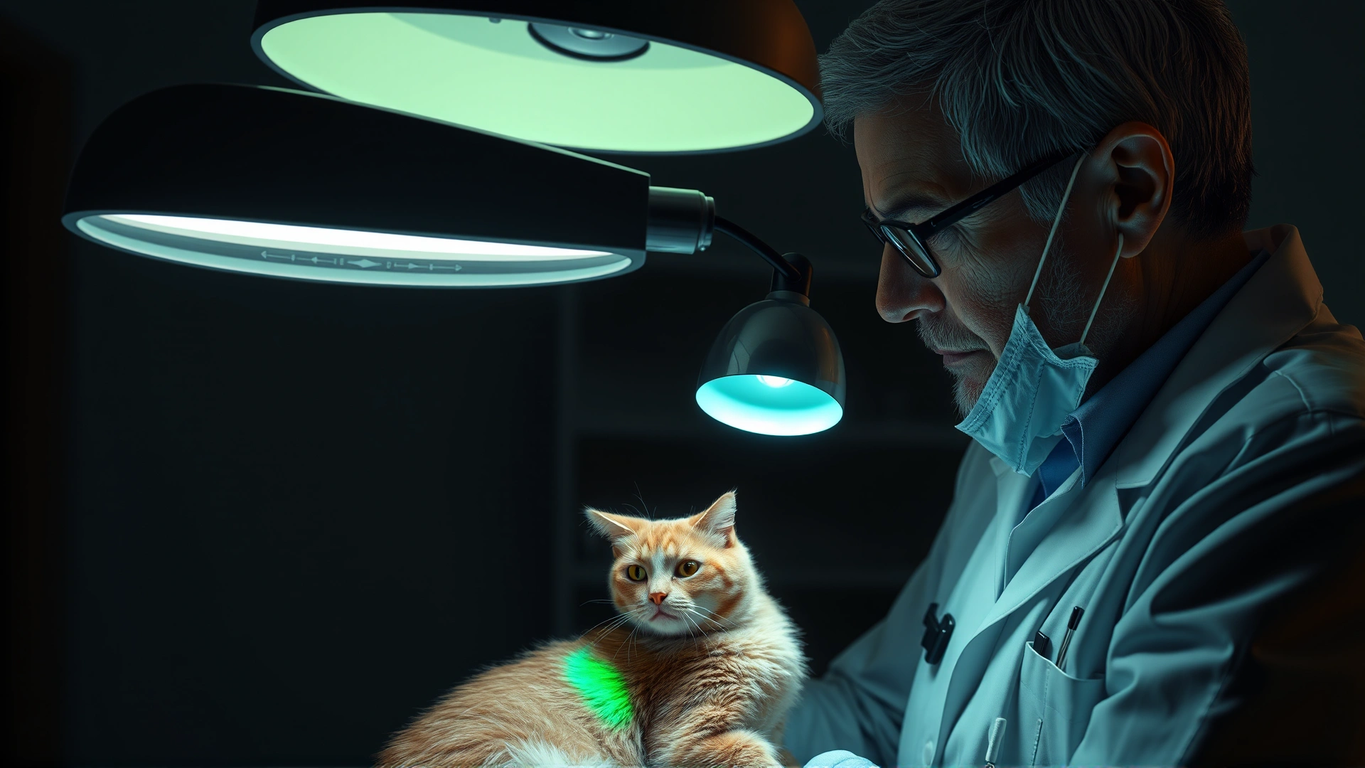 Veterinarian in a dim room using a Wood's lamp to examine a cat's fur, with a faint green fluorescence visible on the affected area.