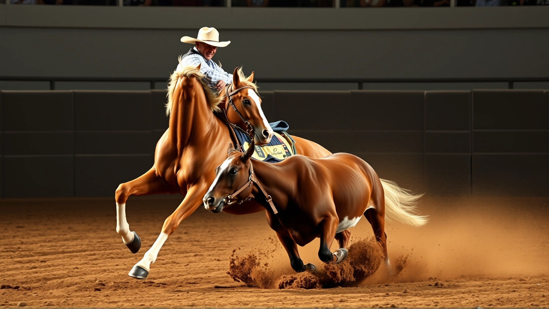 Australian Stock Horse sharply turning while cutting a cow in a campdraft competition arena, dirt flying to emphasize speed