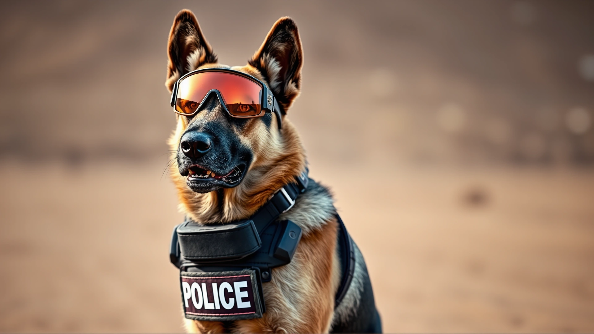 Police K9 wearing protective goggles and a duty vest, standing alert in a dusty training field.