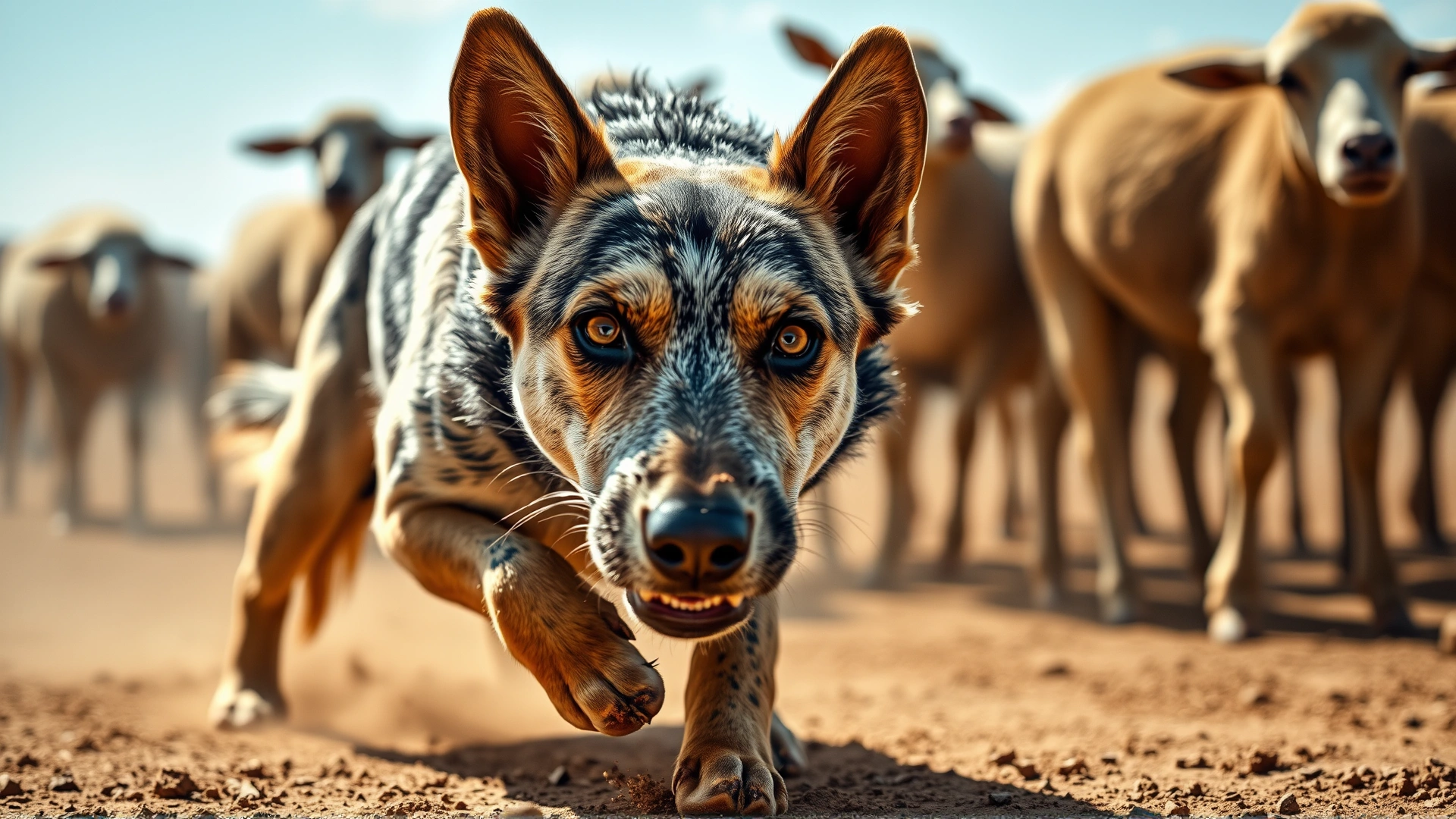 Close-up shot of an Australian Cattle Dog in low crouch position, intense focus while herding sheep on dusty ground, particles of dirt visible in the air.