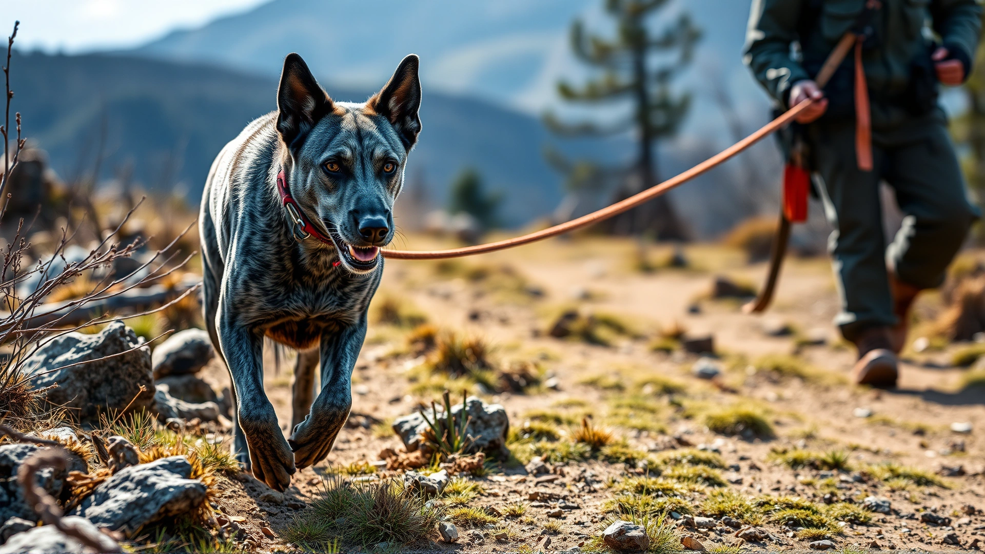Blue Lacy tracking a scent trail through rugged terrain, handler following behind with a long line.