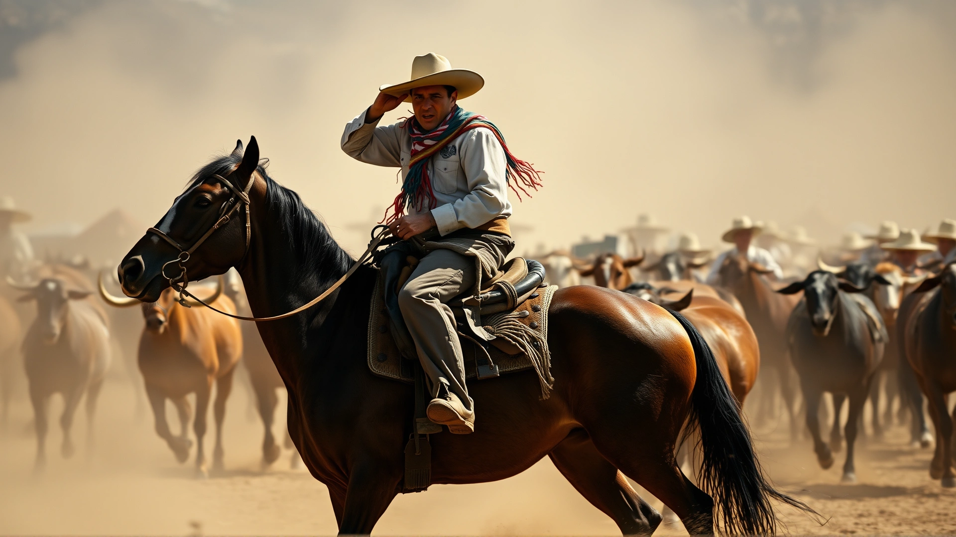 Close-up action shot of a gaucho on a Criollo horse during a cattle roundup, dust in the air, dynamic composition.