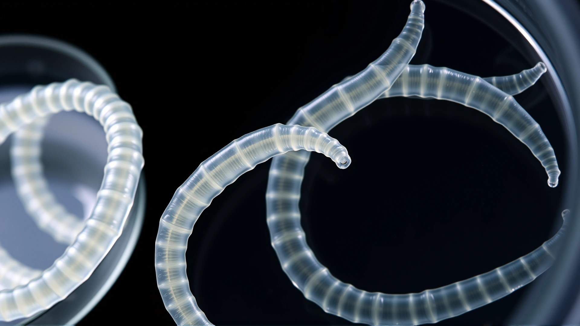 Macro photograph of translucent roundworms (ascarids) coiled inside a clear petri dish against a dark lab background, highlighting their cylindrical structure.
