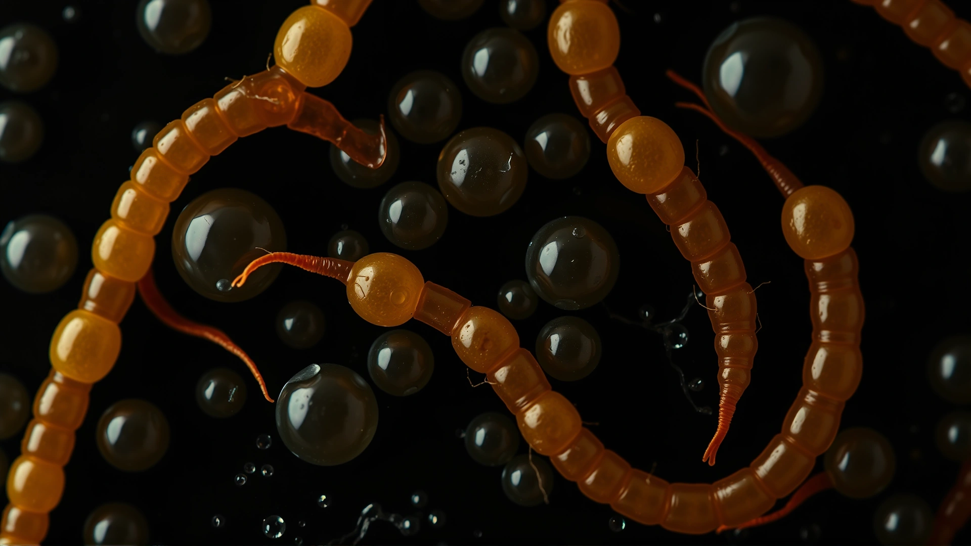 Microscopic view of roundworm eggs on a dark contrasting background, high magnification