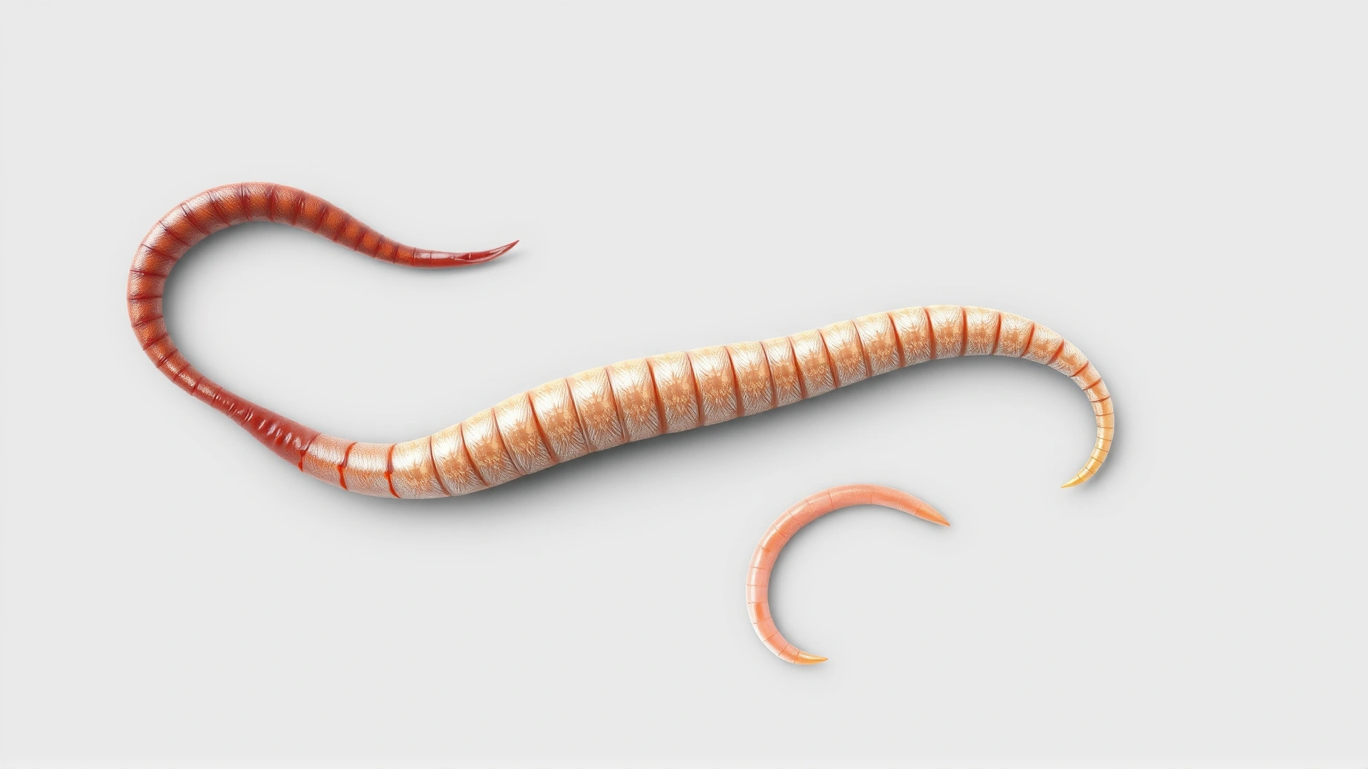 High-quality illustration of three main cat worms (roundworm, tapeworm segment, hookworm) placed on a neutral background, realistic textures, no text