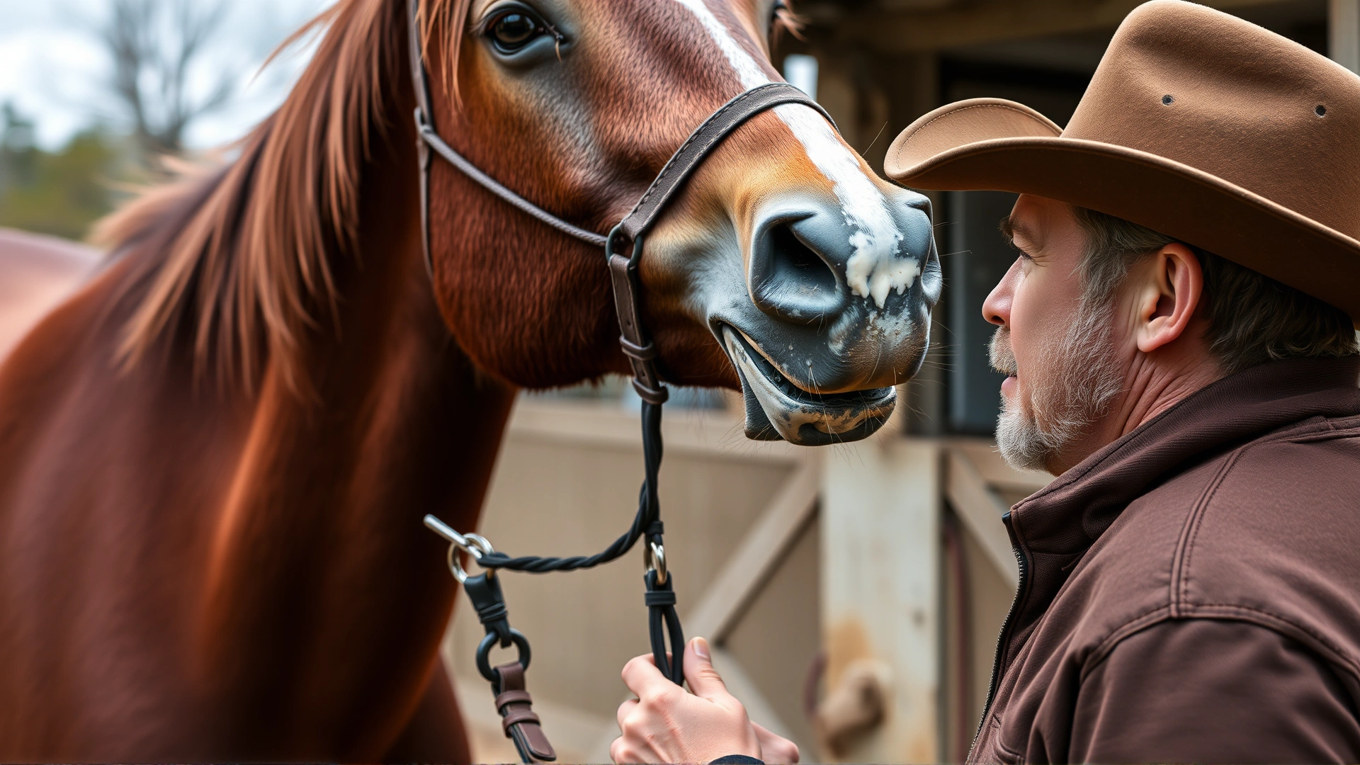 A concerned horse owner gently holding the halter of a bay horse that has frothy saliva around its lips, rural stable background, no text.