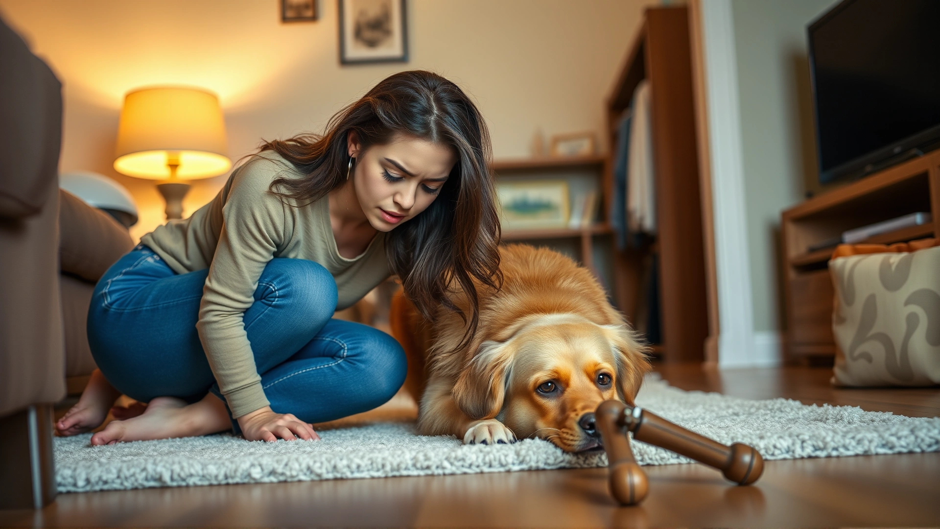 Young woman kneeling beside her dog in the living room, looking at a loose stool accident on the floor with a concerned expression.