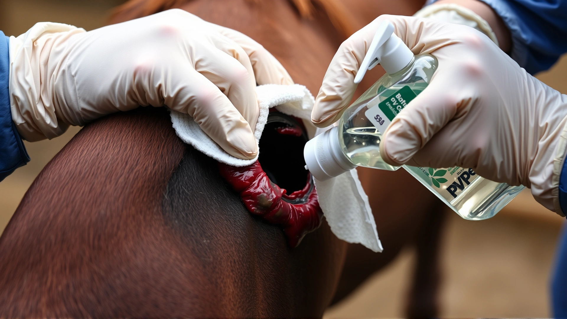 Close-up of a caretaker's hands cleaning a draining wound on a horse with sterile gauze and antiseptic solution