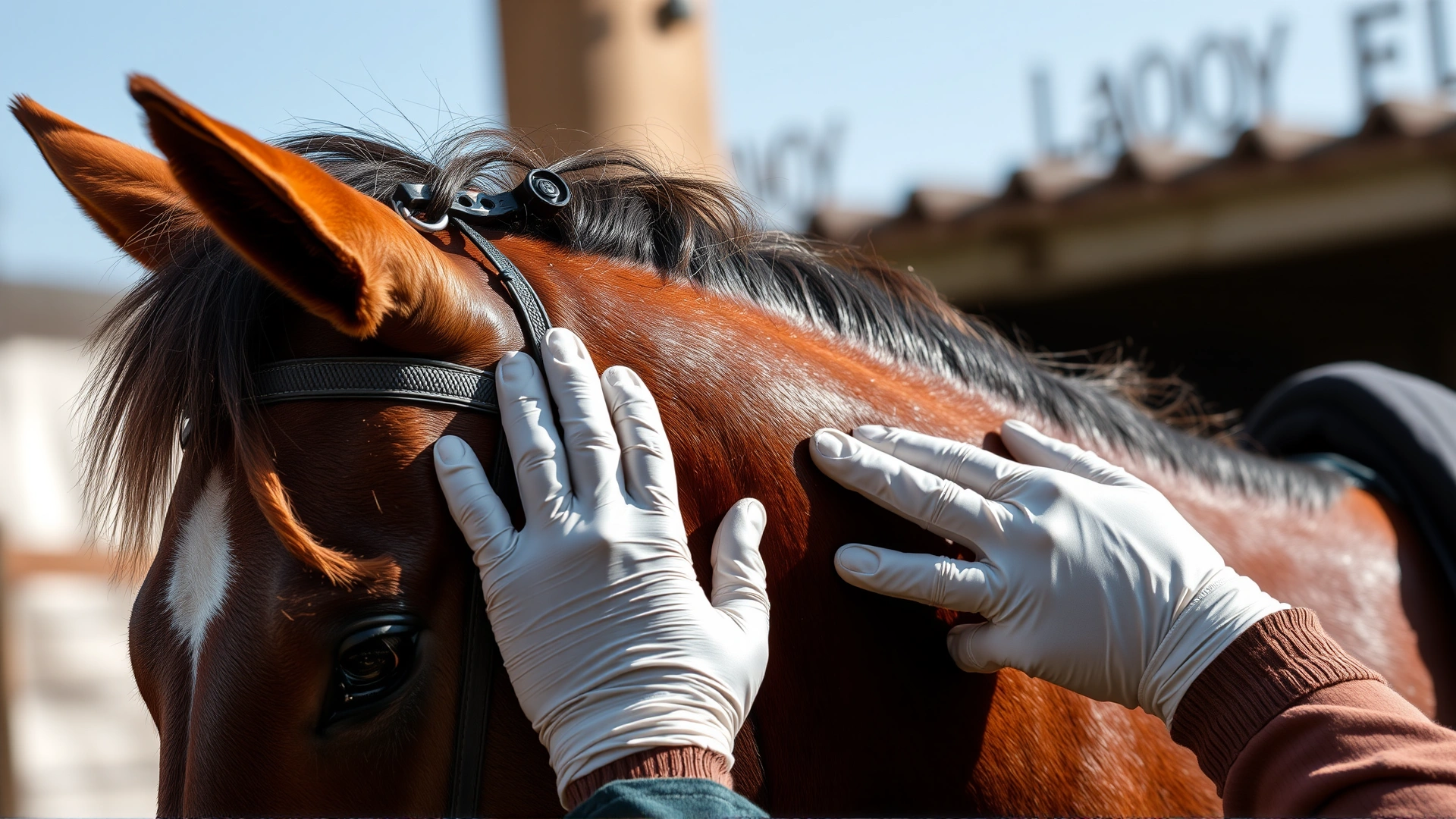 Stable worker wearing gloves carefully applying a non-stick bandage to a shallow wound on a horse’s shoulder