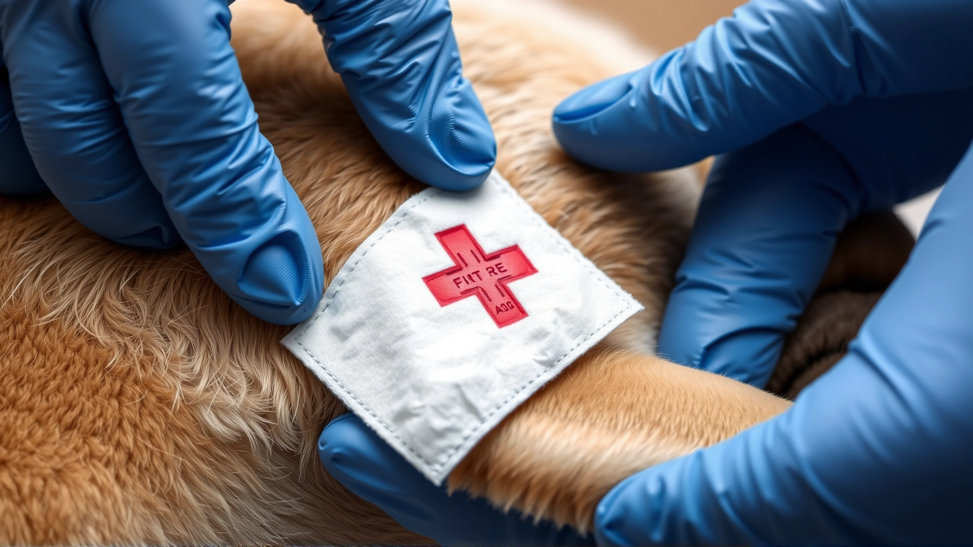 Gloved hands gently cleaning a dog's superficial wound with a cotton pad, illustrating first-aid care.