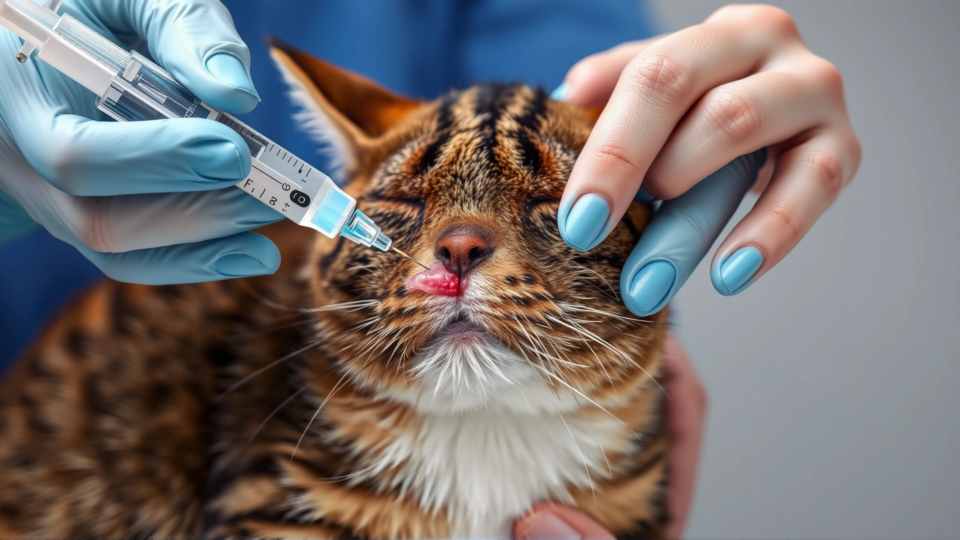 Person flushing a small wound on a tabby cat's back with saline solution from a syringe, clear view of saline stream, cat held calmly