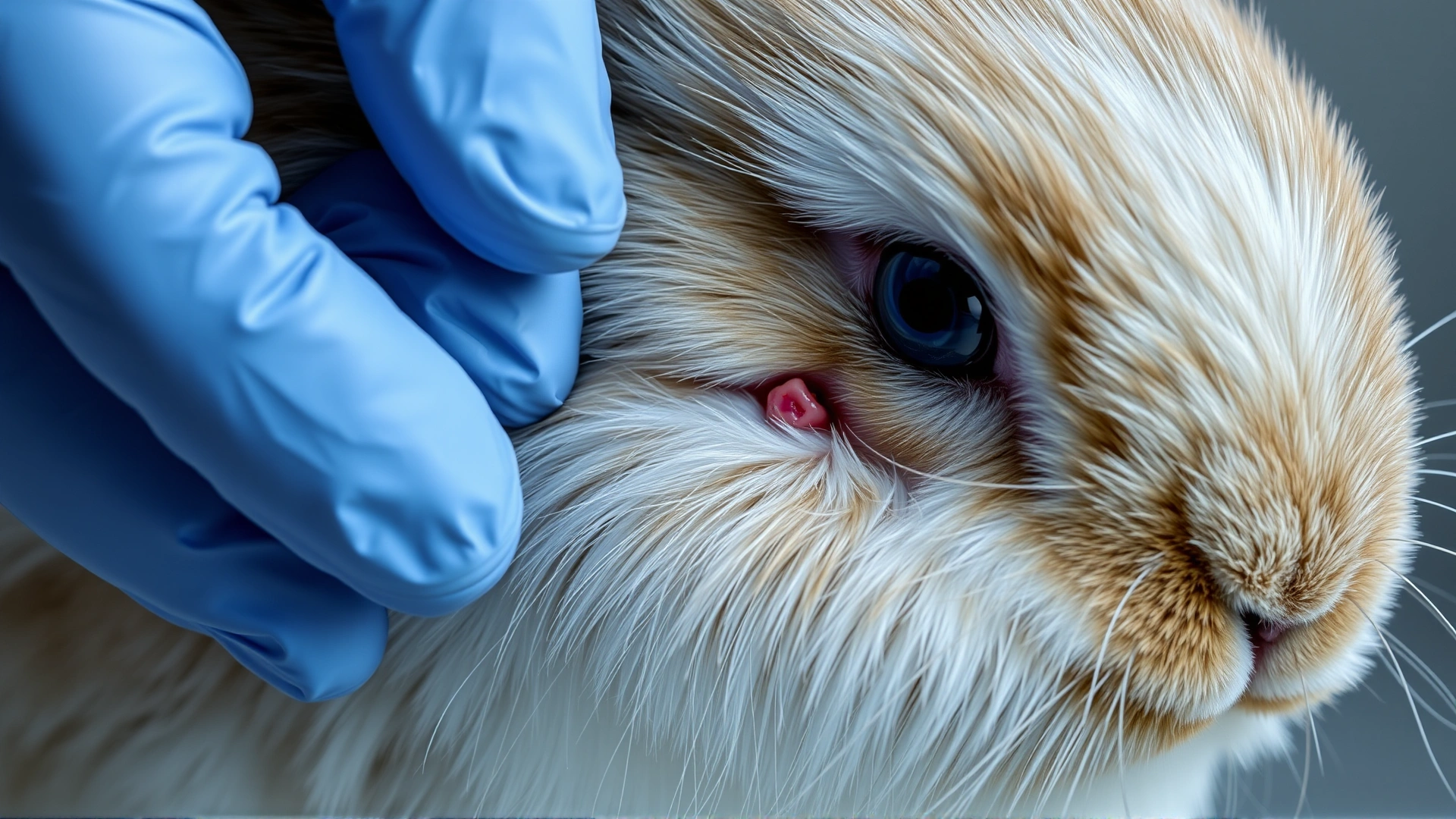 Veterinarian gloved hand gently parting rabbit fur to reveal a small bite wound with slight redness, captured in clinical lighting.