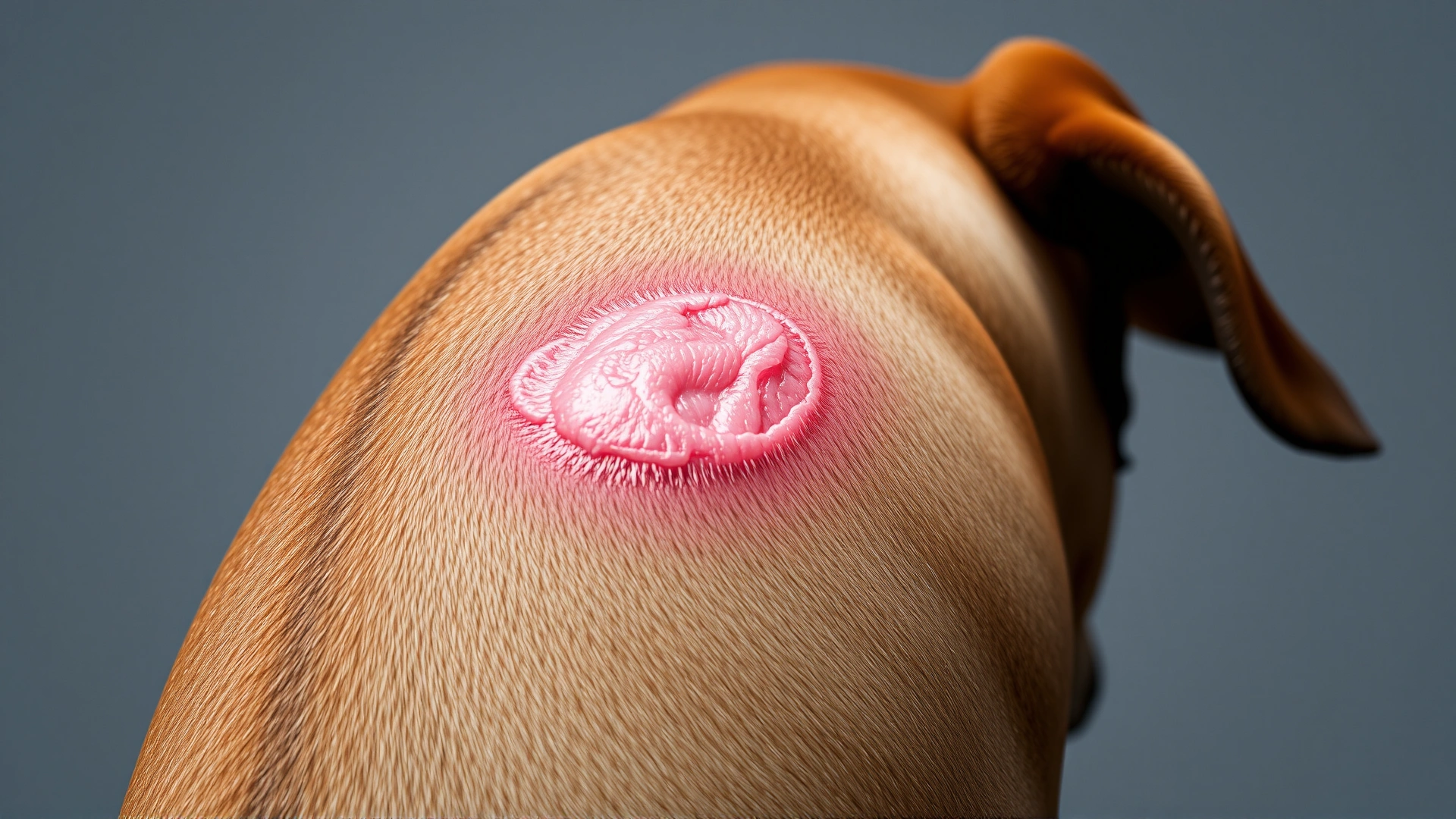Macro shot of a dog's shaved surgical site showing healthy pink tissue after laser-assisted healing, neutral background