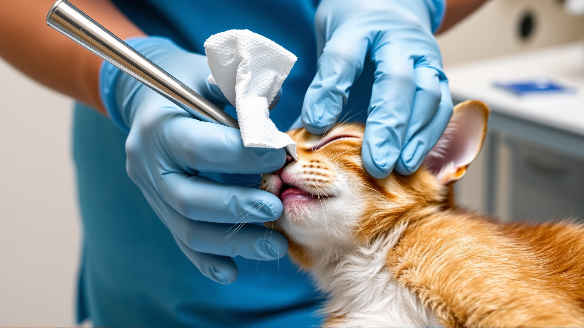 Gloved veterinarian hands cleaning a cat's bite wound with sterile gauze in a clinical setting, clear focus on procedure, no text.