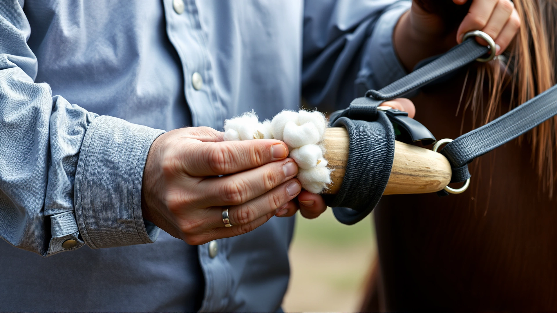 Person securing cotton padding and elastic wrap around a horse’s cannon bone, detail shot