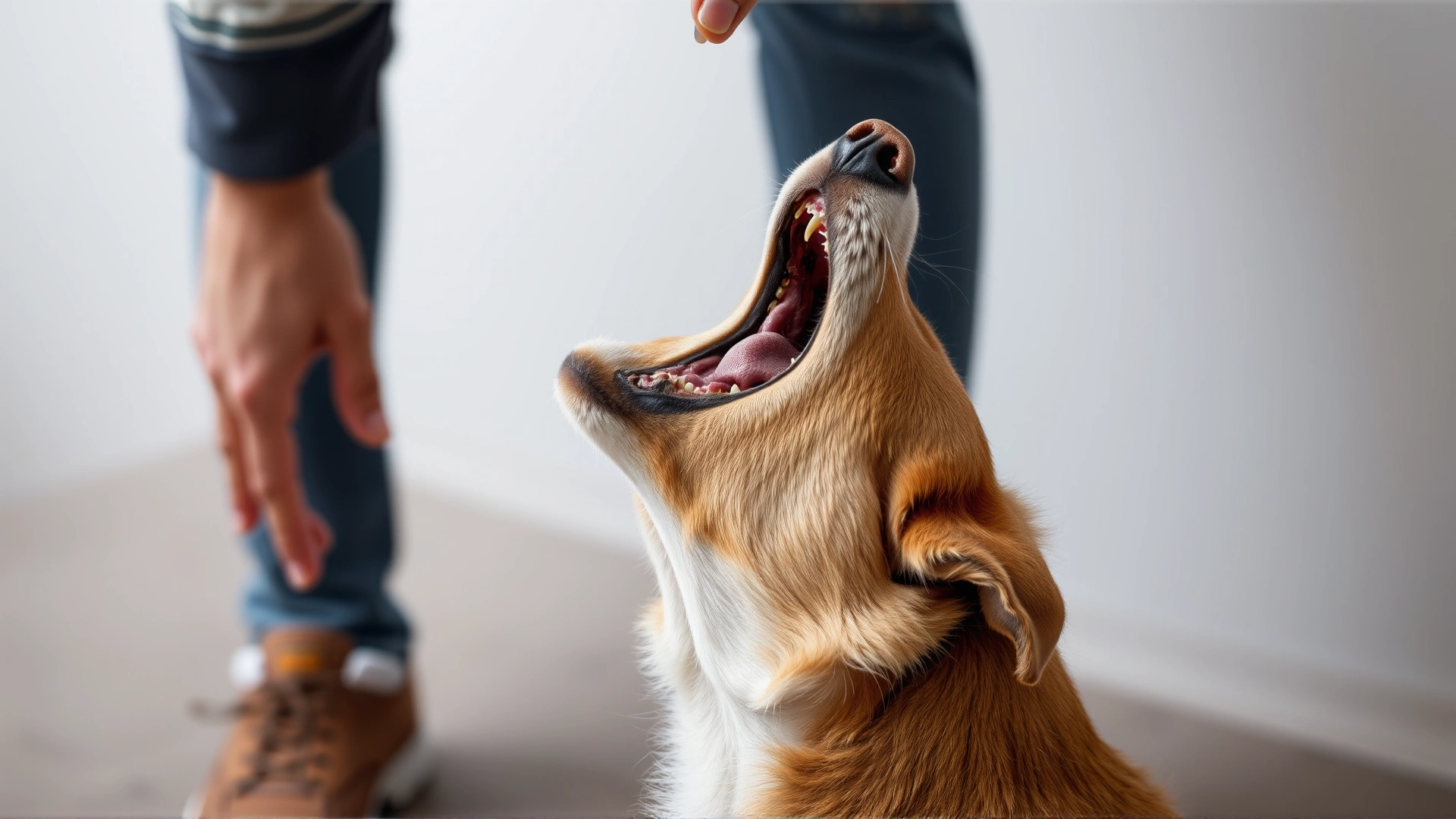 Image of a startled dog pulling back as someone reaches over its head from above, demonstrating an incorrect approach. No text.