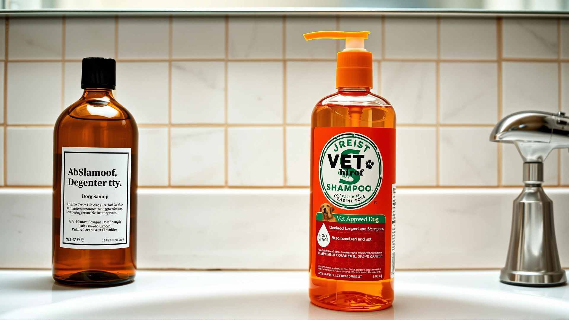 Two bottles side by side: a human shampoo bottle crossed out and a vet-approved dog shampoo highlighted, placed on a bathroom counter