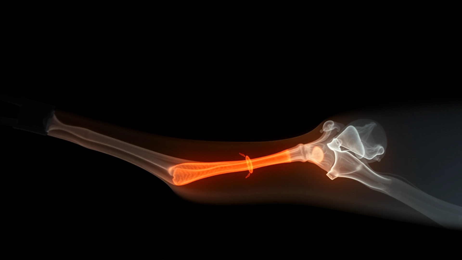 Clean radiograph of a small rodent leg showing a visible bone fracture, on a dark background, no text