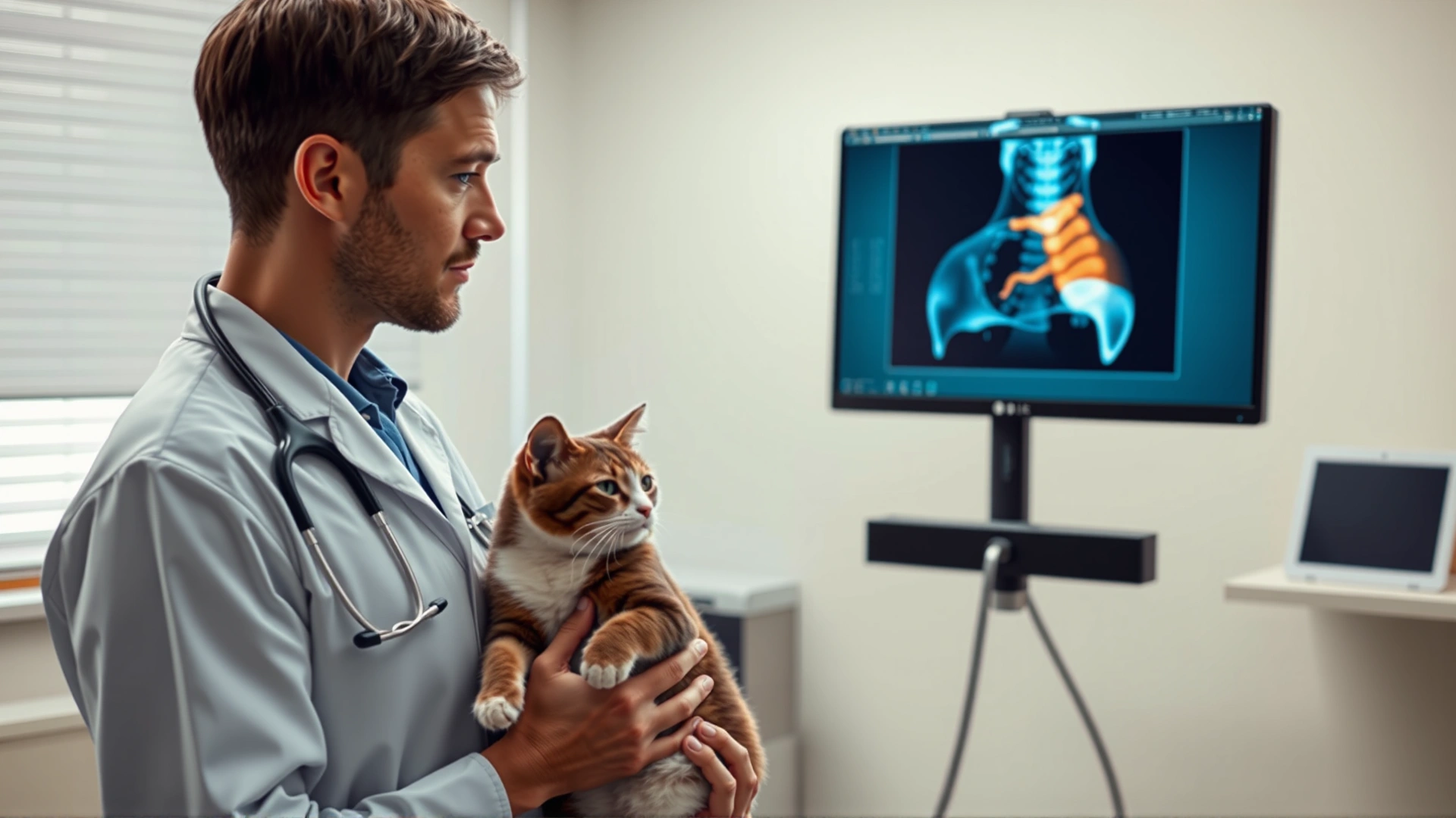 Veterinarian holding a calm cat while reviewing an esophageal X-ray on a monitor in a modern clinic setting.
