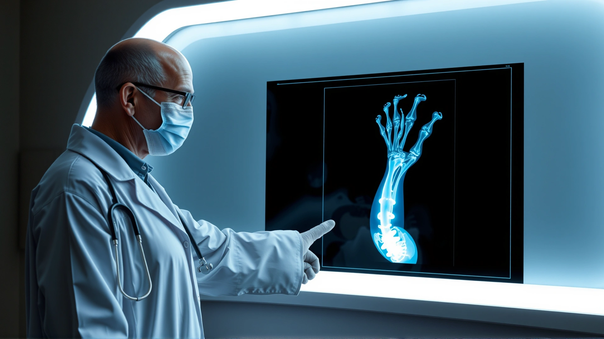 Veterinarian pointing at an X-ray image of a lizard’s fractured leg displayed on a lightbox.