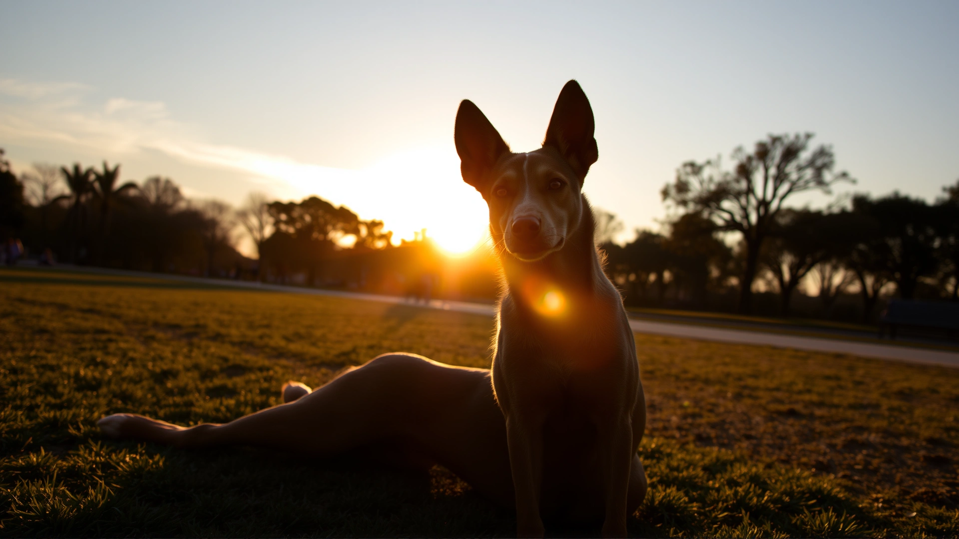 Xoloitzcuintli dog sitting beside its owner at sunset in a park, golden backlight, candid moment