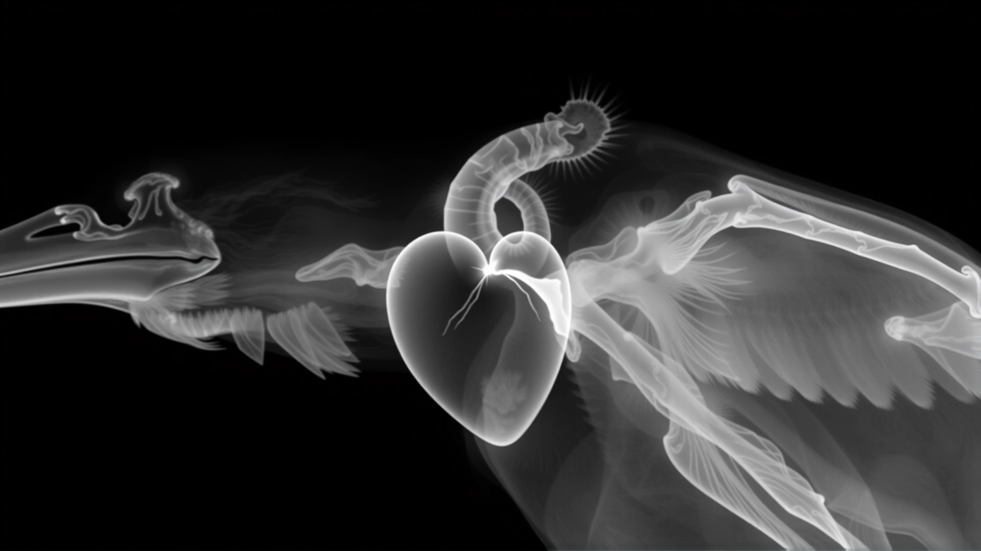Radiograph image of a bird’s thorax showing enlarged heart shadow, black and white, high contrast