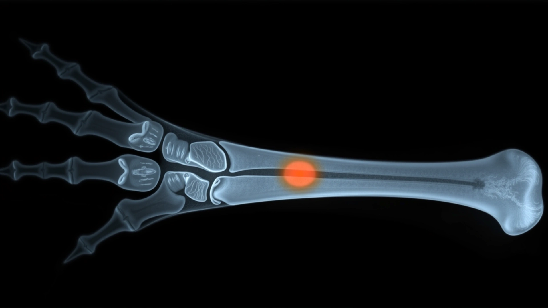 Veterinary style illustration of a feline limb X-ray with a highlighted tumorous lesion in the mid-shaft of the bone; monochrome radiograph look.