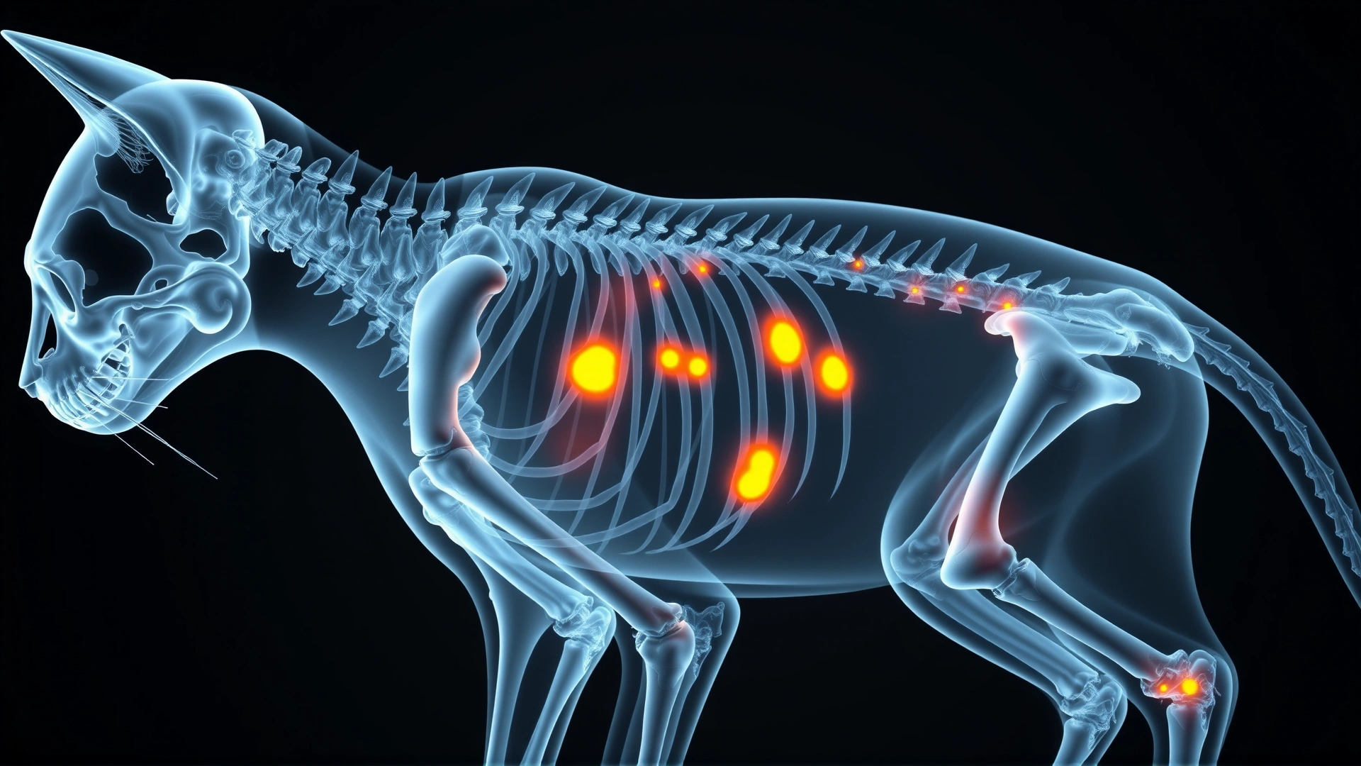 X-ray style 3D render of a cat skeleton with multiple lytic lesions highlighted in the spine and ribs, realistic medical illustration, no labels or text