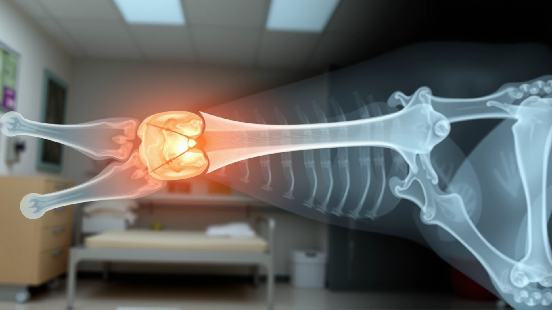 Veterinary X-ray image showing clear bone fracture in a small animal limb, focus on clarity of the break line, hospital background blurred.