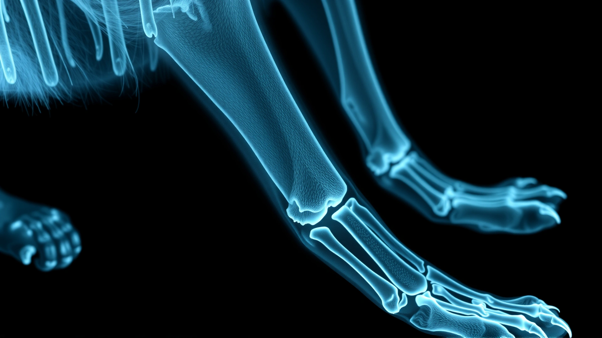 High-resolution X-ray image of a cat's front leg highlighting the long bones against a dark background.