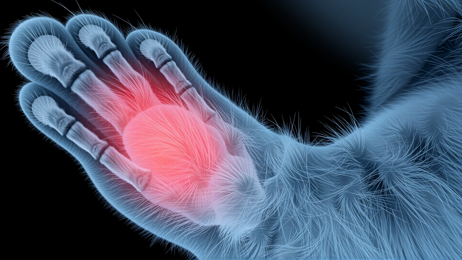 AI-generated clean radiograph-style image of a cat’s paw with a highlighted lesion on one digit; no labels or text