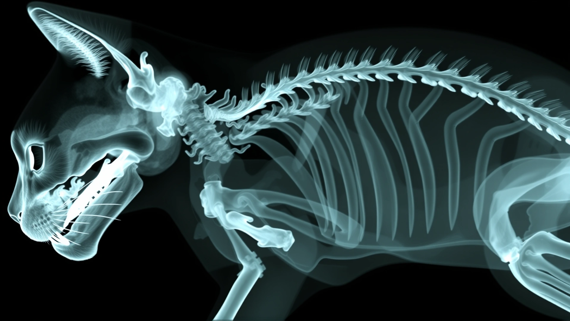 Clear lateral X-ray image of a cat's head and neck, highlighting the pharyngeal and esophageal regions.
